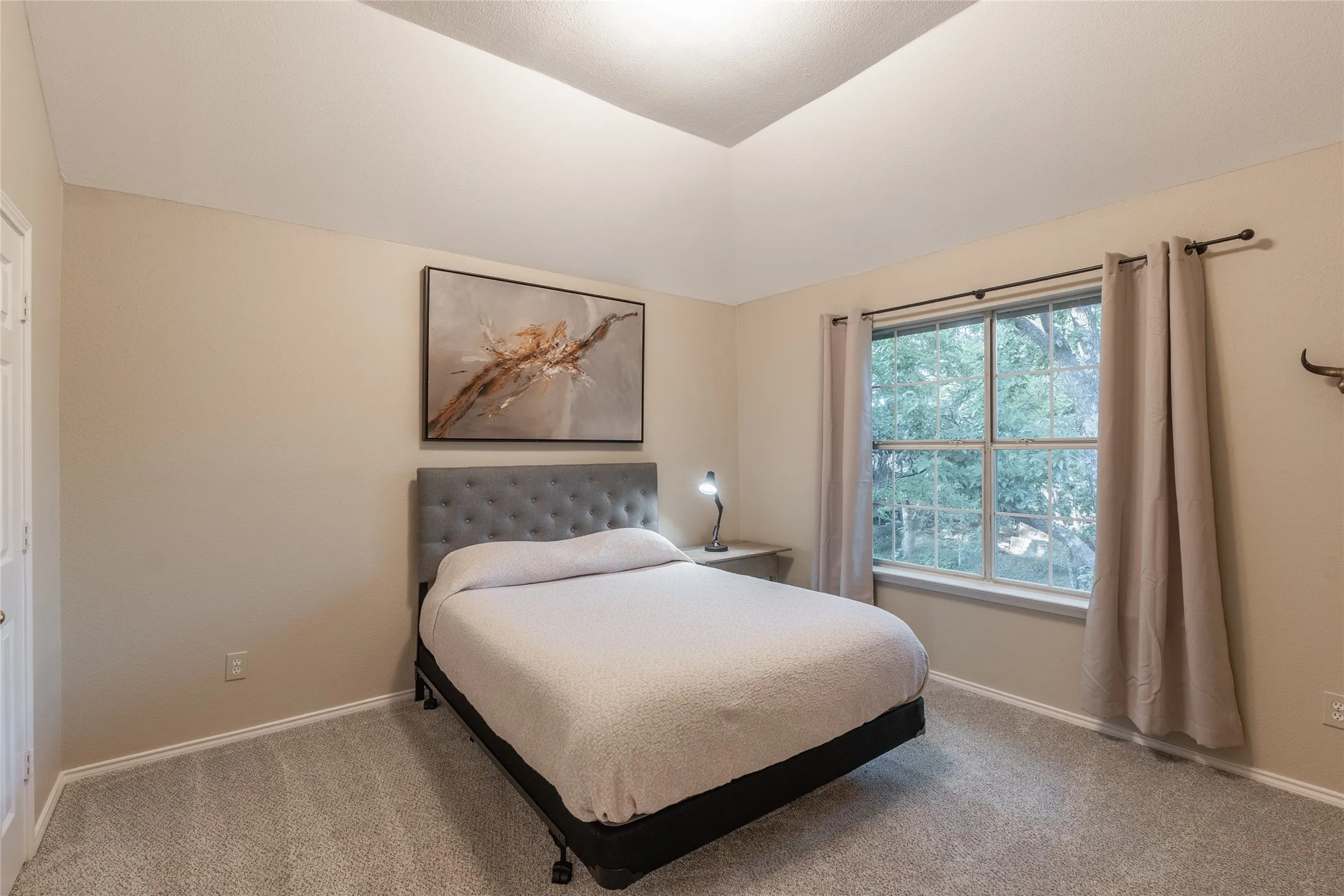 Tray ceiling, neutral wall paint, carpet flooring, window with trim, and a paneled door