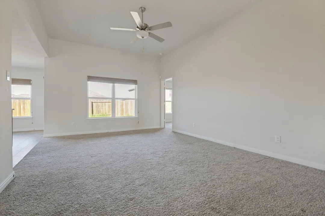 Ceiling fan, light gray carpeting, and multiple windows with roller shades
