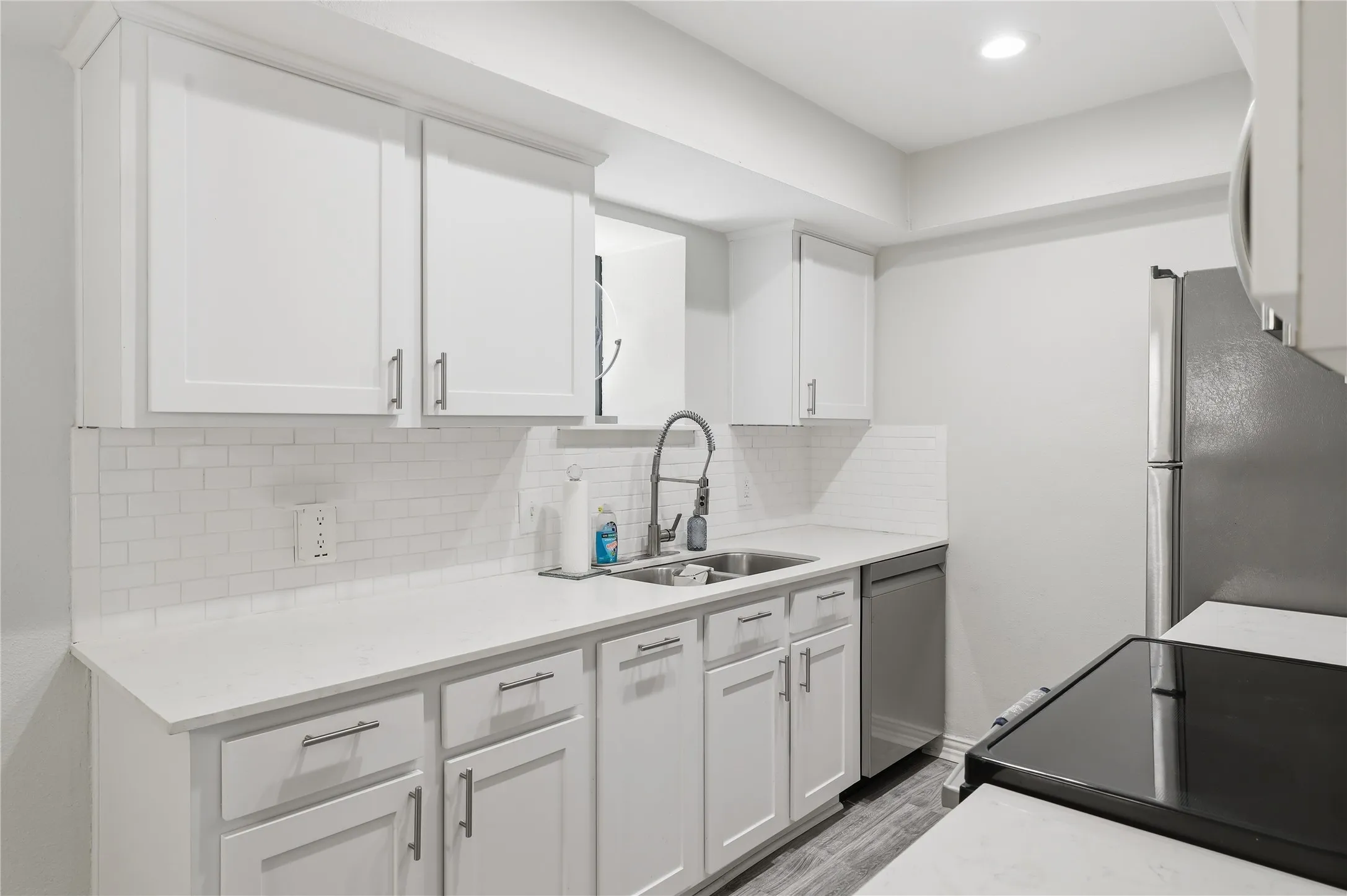 Updated kitchen with soft closing drawers and doors.