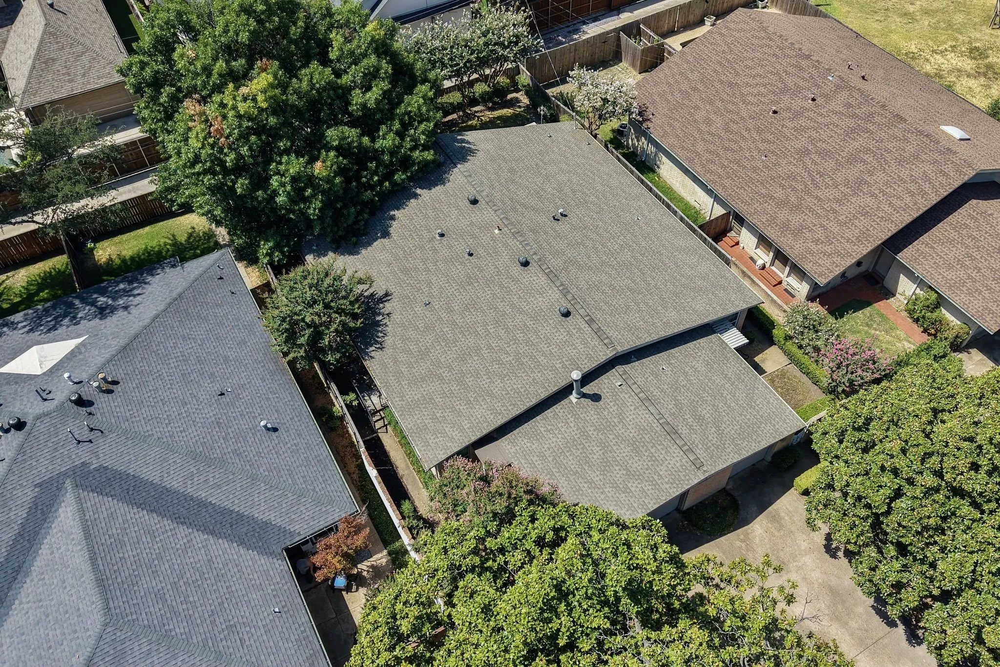 Pitched roof, mature trees, concrete driveway, fenced perimeter, and established landscaping