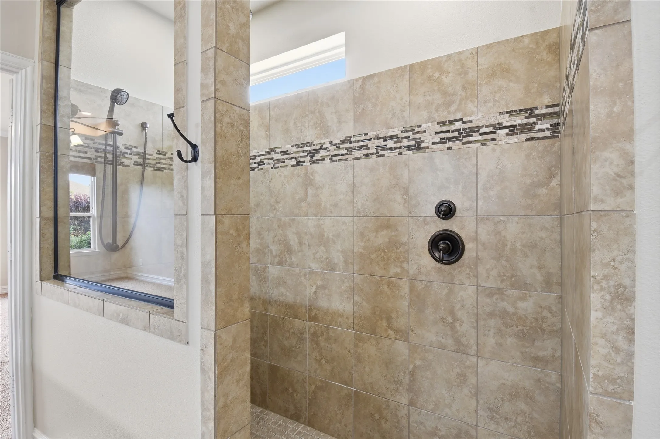 Huge walk-in shower with wall & ceiling shower heads!
