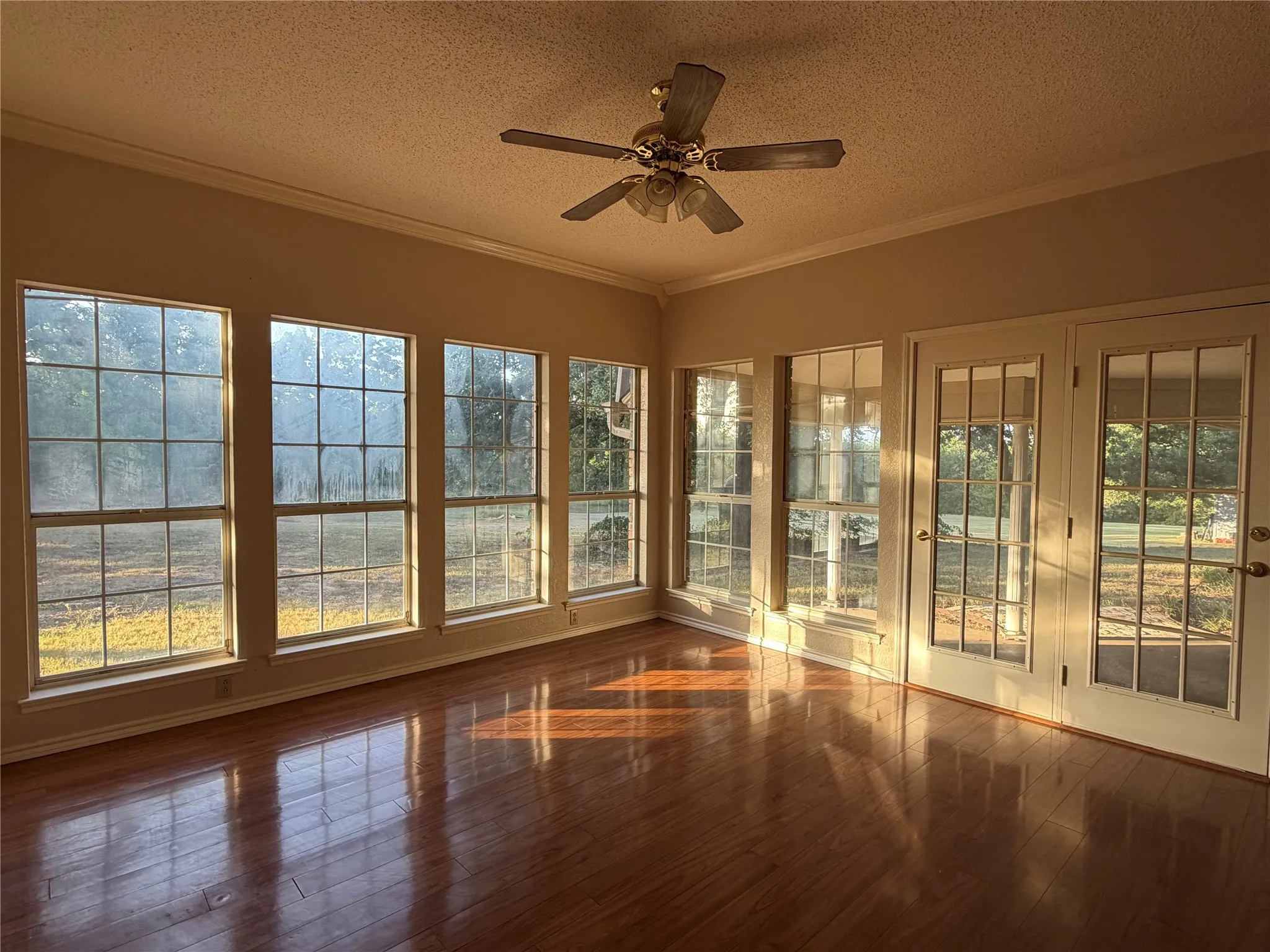 Wood-finish flooring, multiple pane windows, crown molding, double French doors, and a ceiling fan