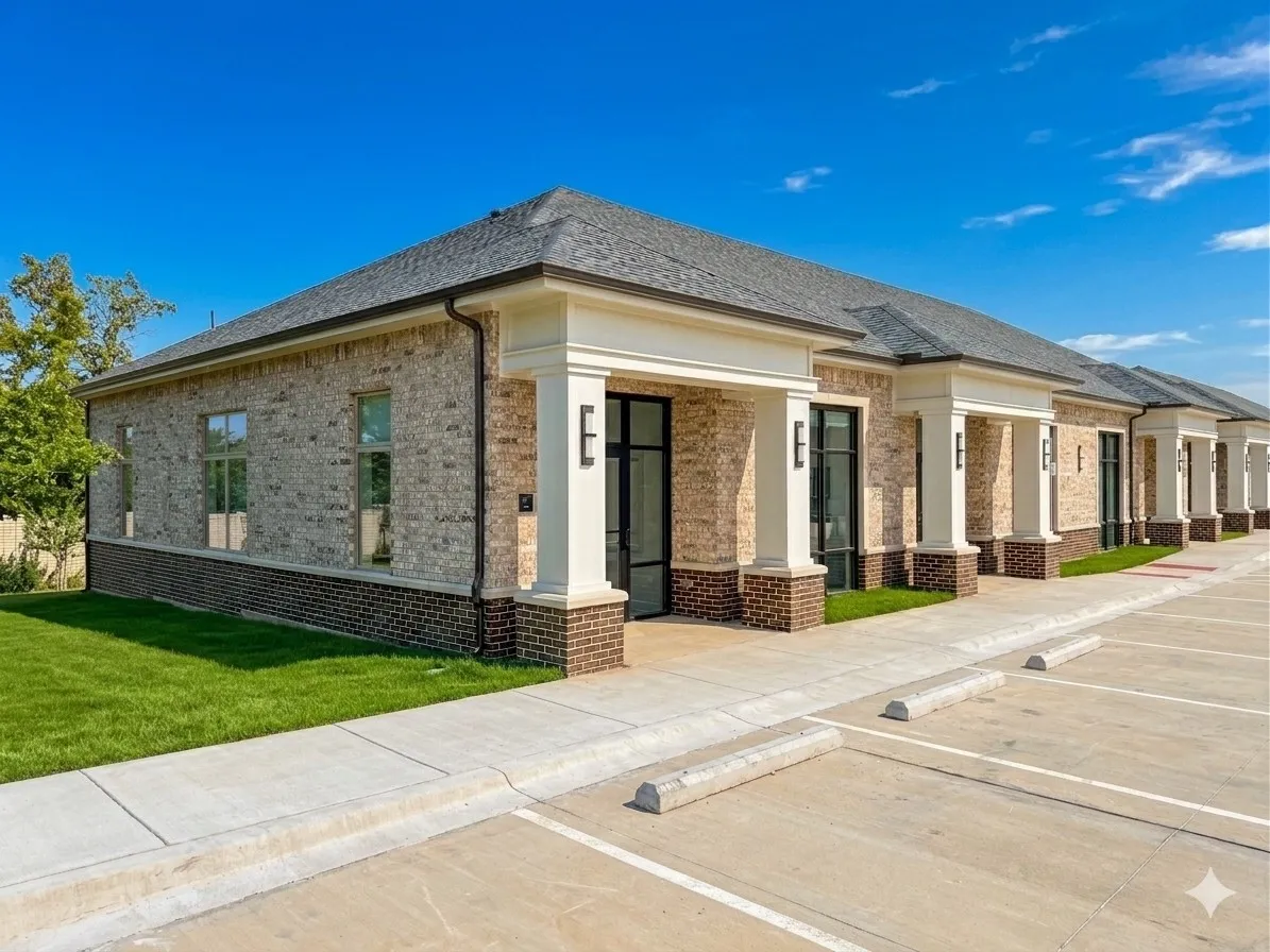 Modern brick and stone exterior with clean-lined architecture, featuring multiple sets of black-framed glass doors opening onto a concrete patio