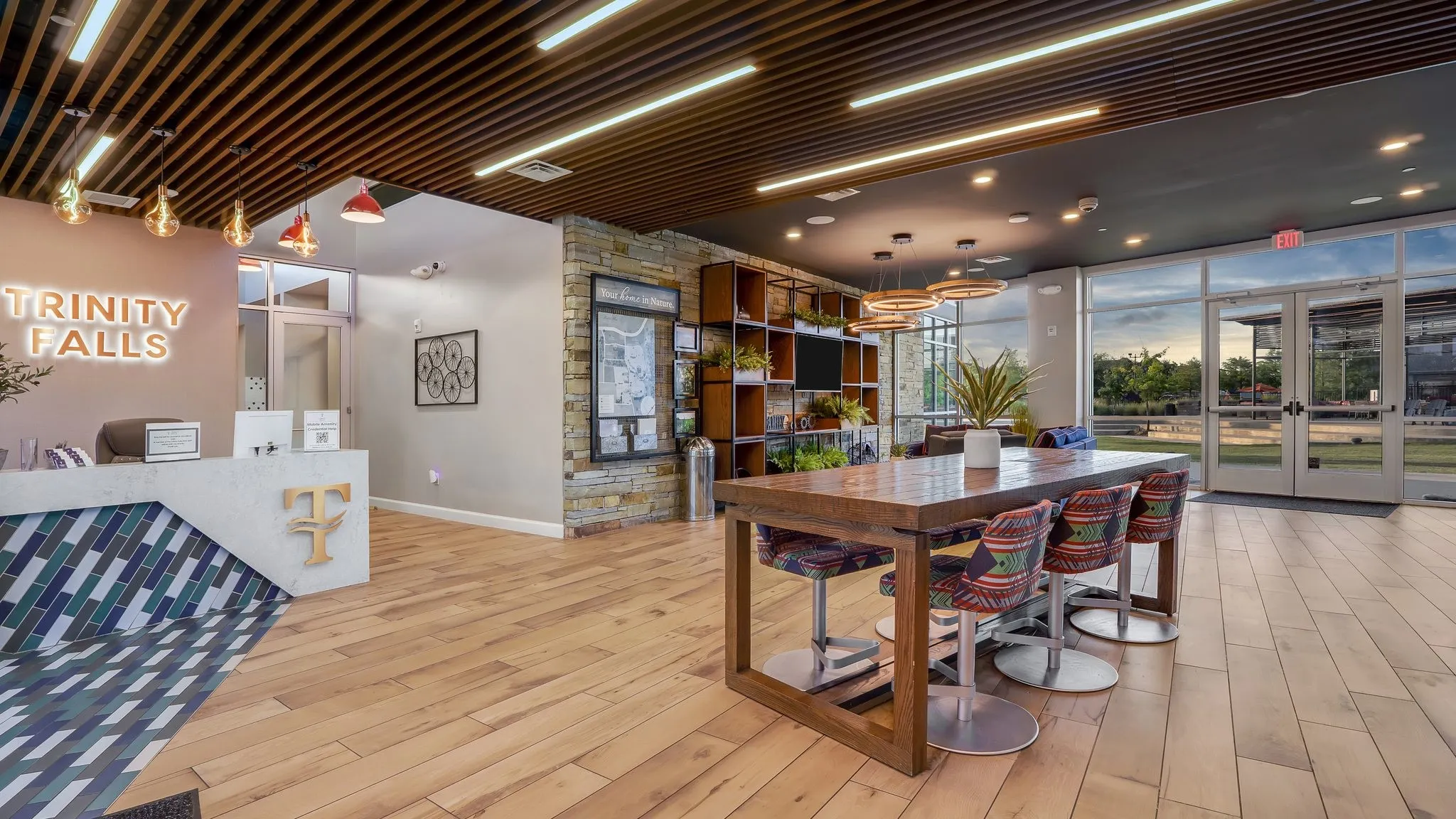 Interior gathering space at the Trinity Falls clubhouse.