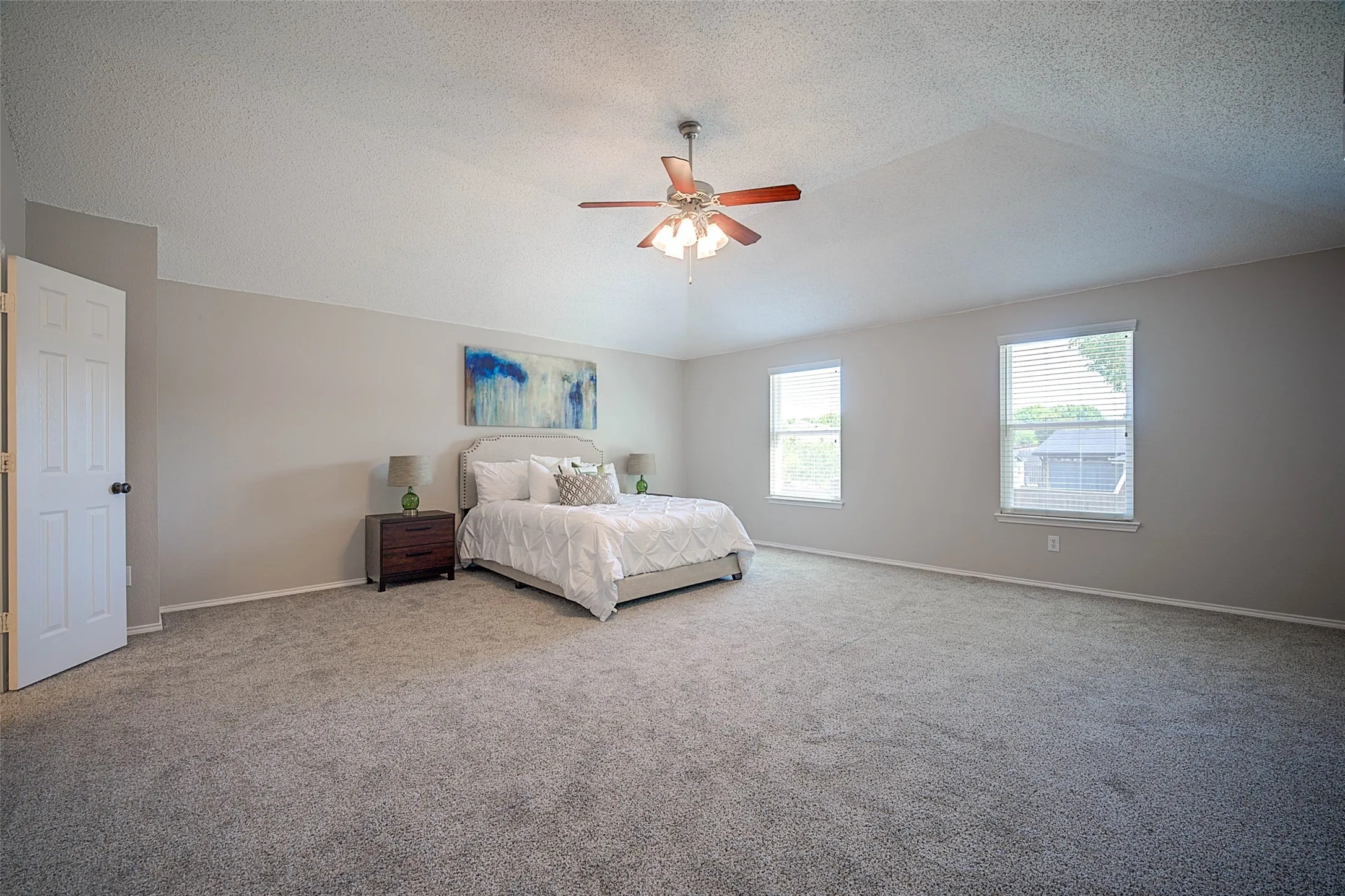 Spacious room with plush carpeting, two windows, a ceiling fan, and a paneled door