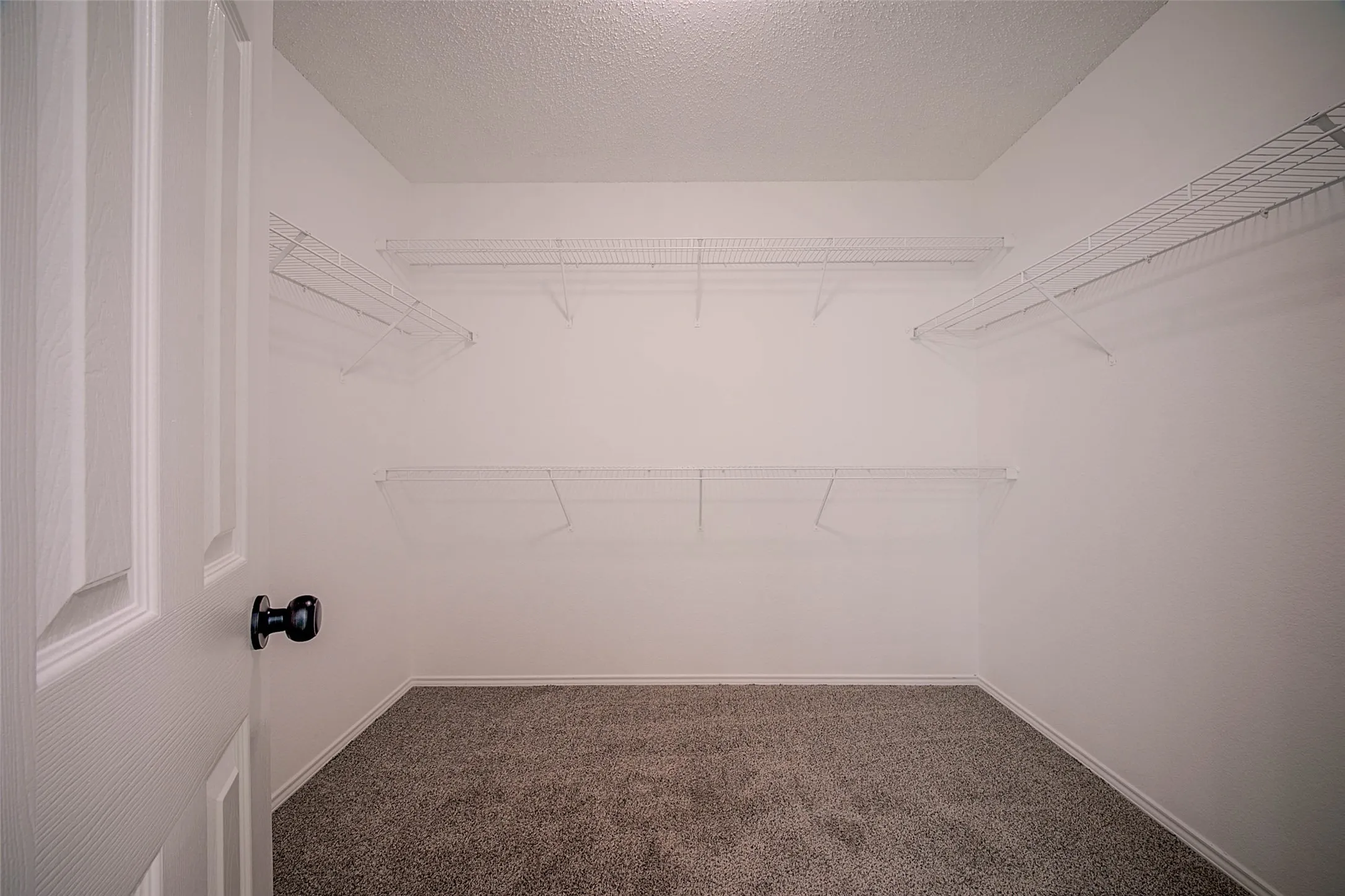 White wire shelving, textured ceiling, light-toned carpeting, white walls, and a paneled door with a black doorknob