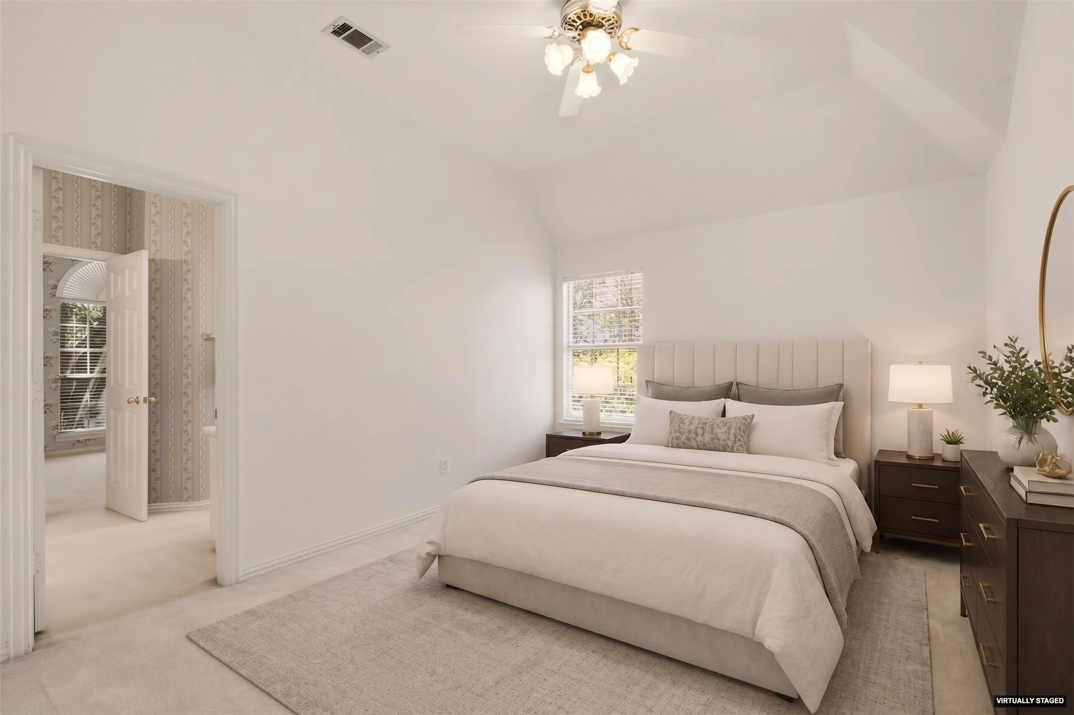 Bedroom 3, faces side of home, adjacent J&J bath. Virtually Staged Photo.