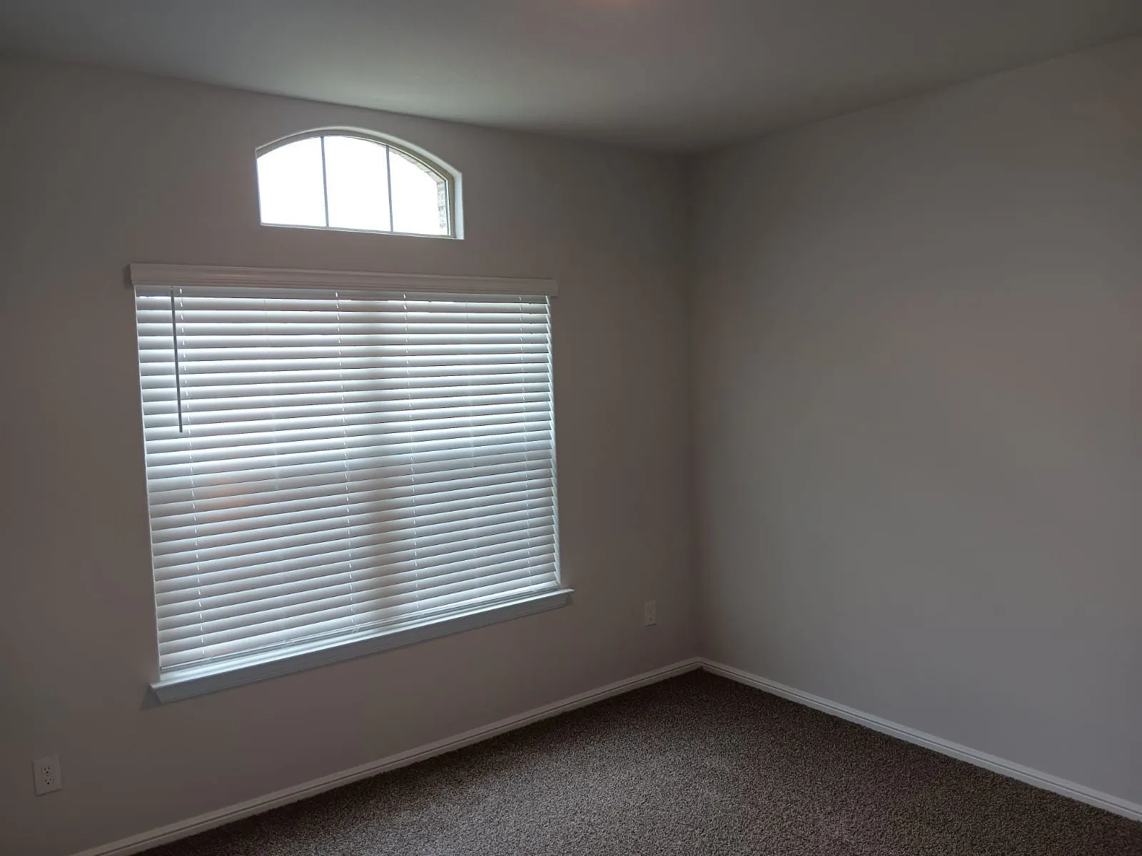 Neutral wall tones with carpet flooring and a window with blinds