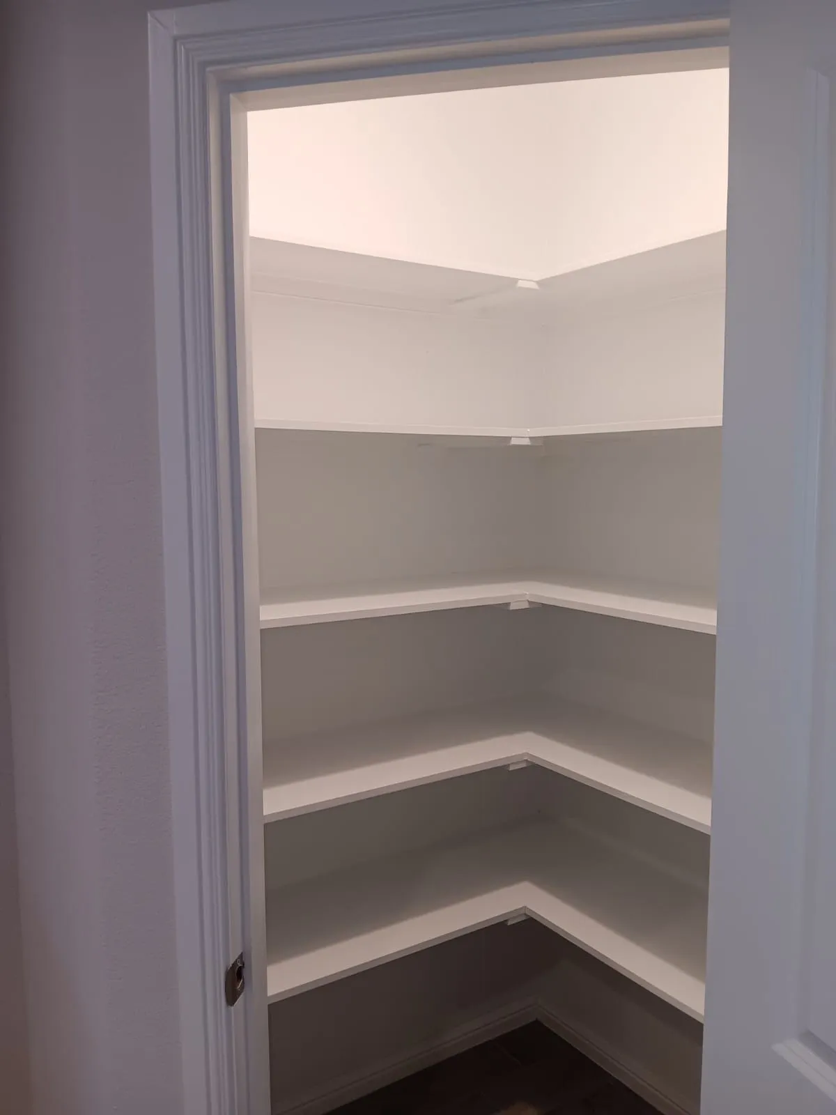 Corner pantry with white shelving and wood-finish flooring
