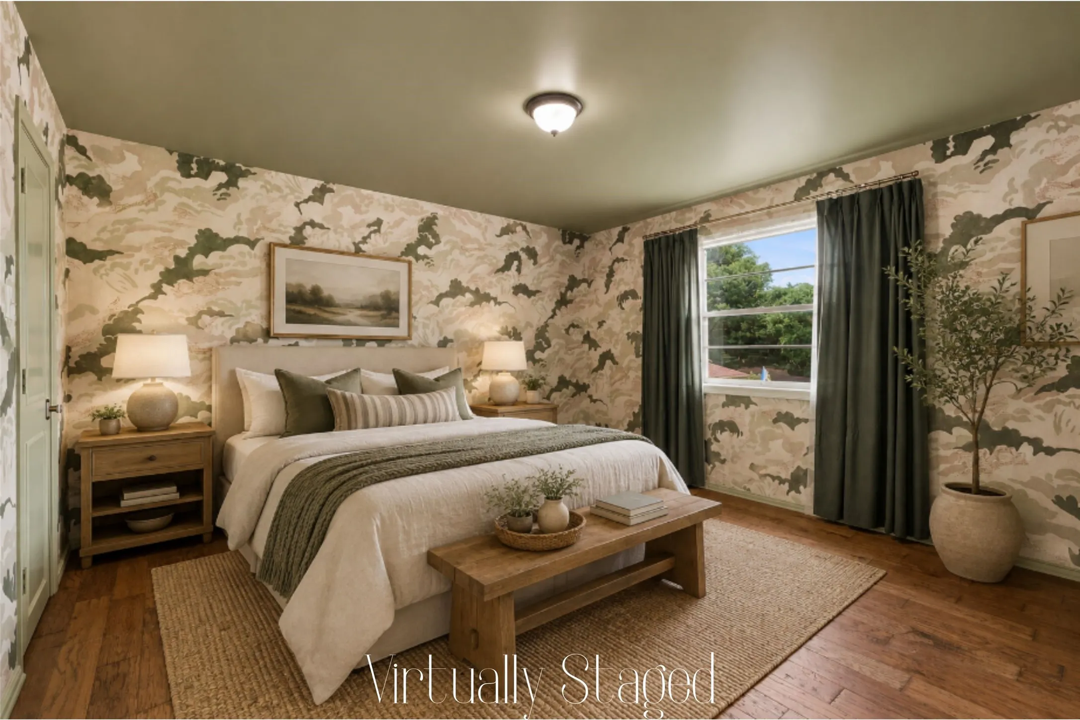 The second-story primary bedroom features beautiful Swedish wallpaper, wood floors, a walk-in closet, and an ensuite bath with vintage cabinetry.