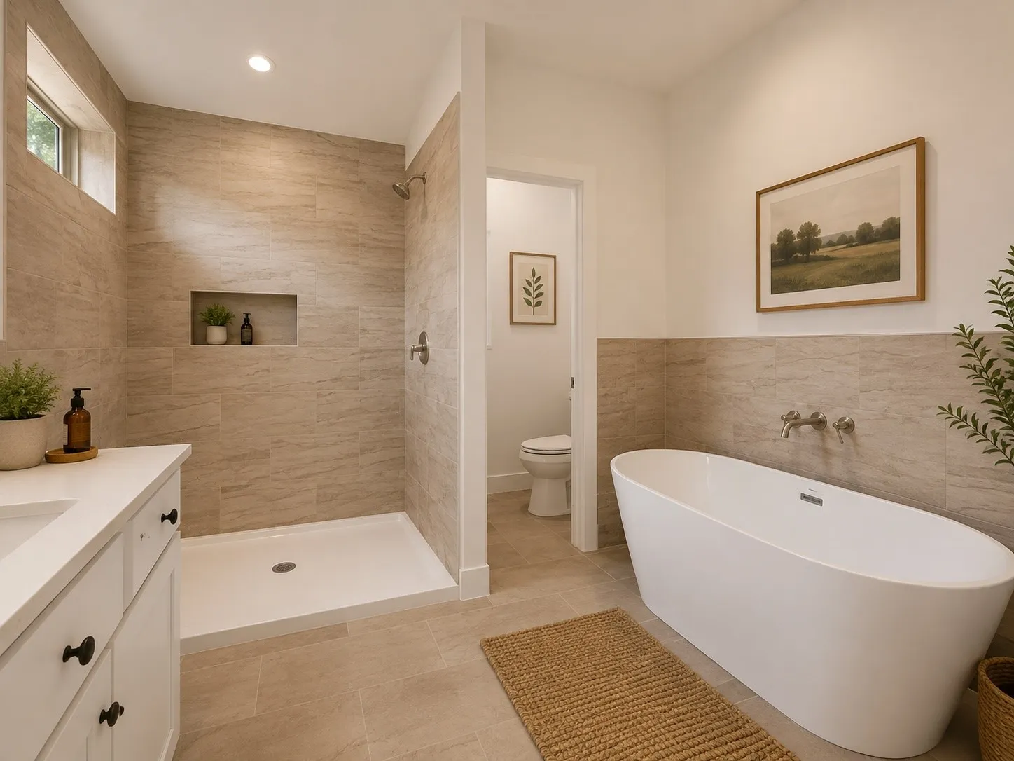 Freestanding soaking tub with wall-mounted fixtures