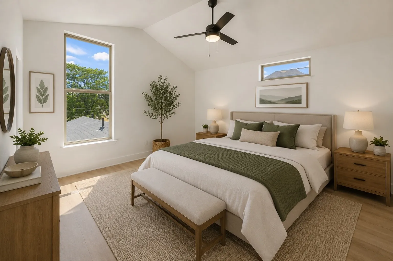Vaulted ceiling with a ceiling fan, multiple windows with natural light, and wood-finish flooring