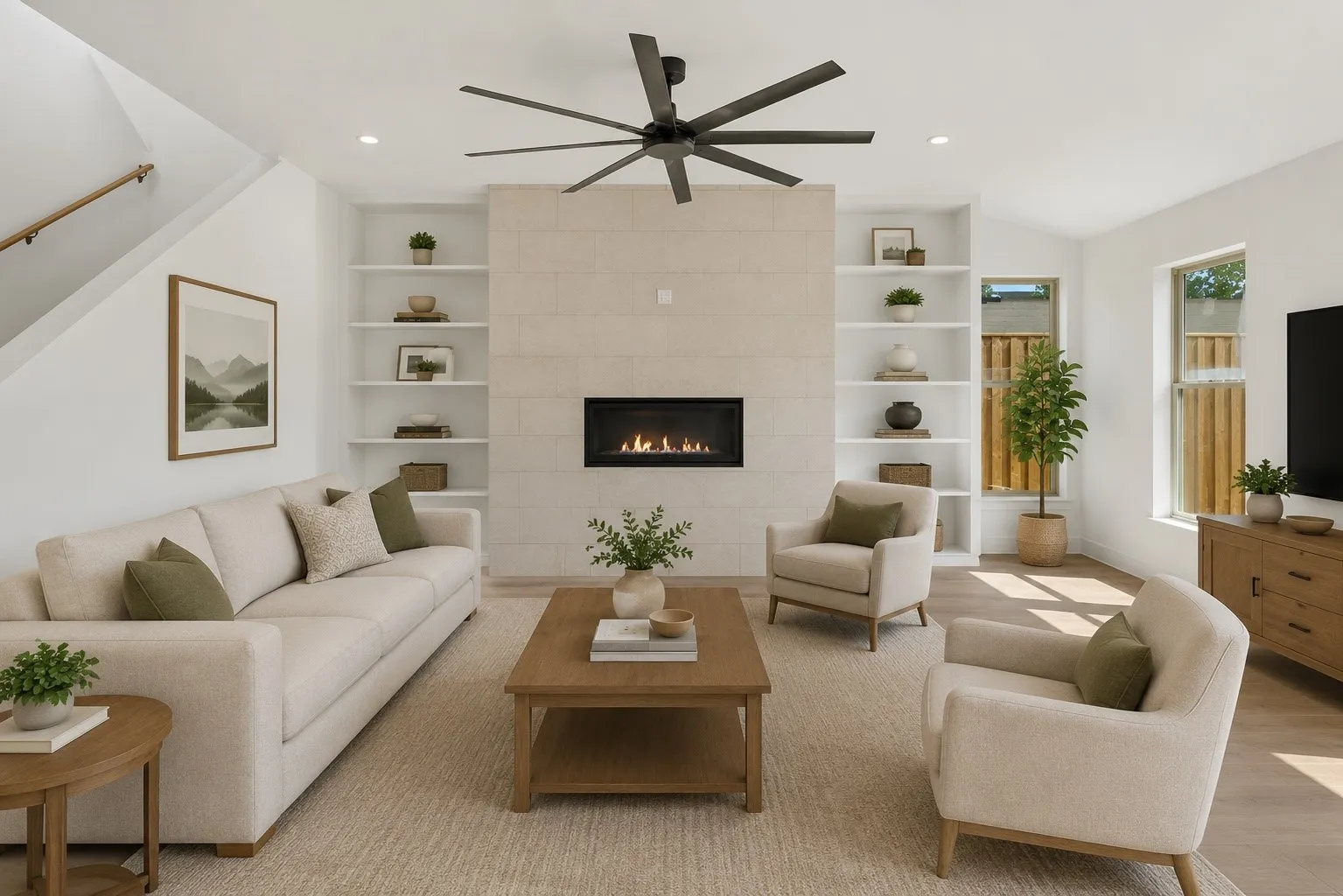 Recessed lighting, wood-finish flooring, and a contemporary ceiling fan