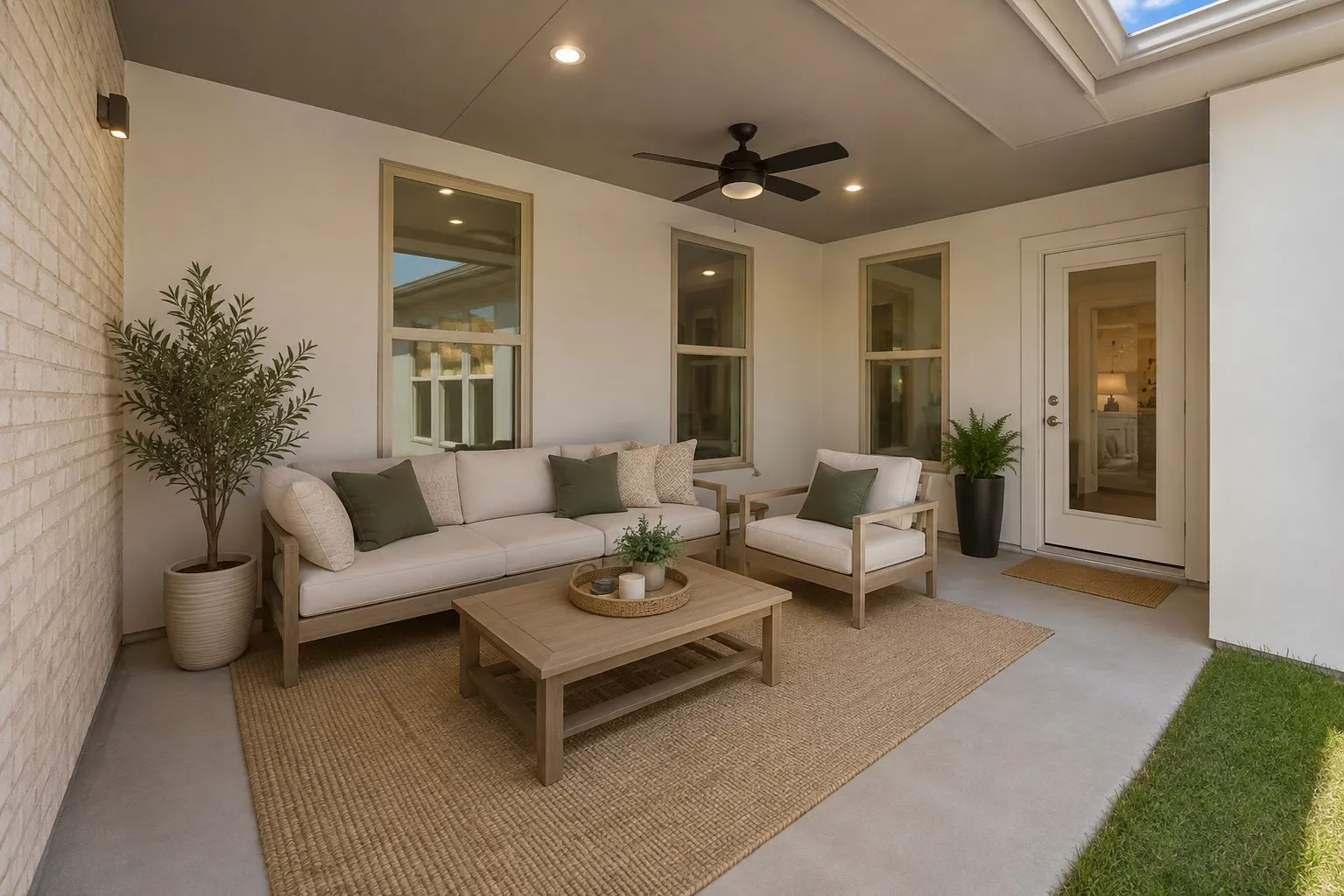 Covered patio featuring a ceiling fan, recessed lighting, and a skylight