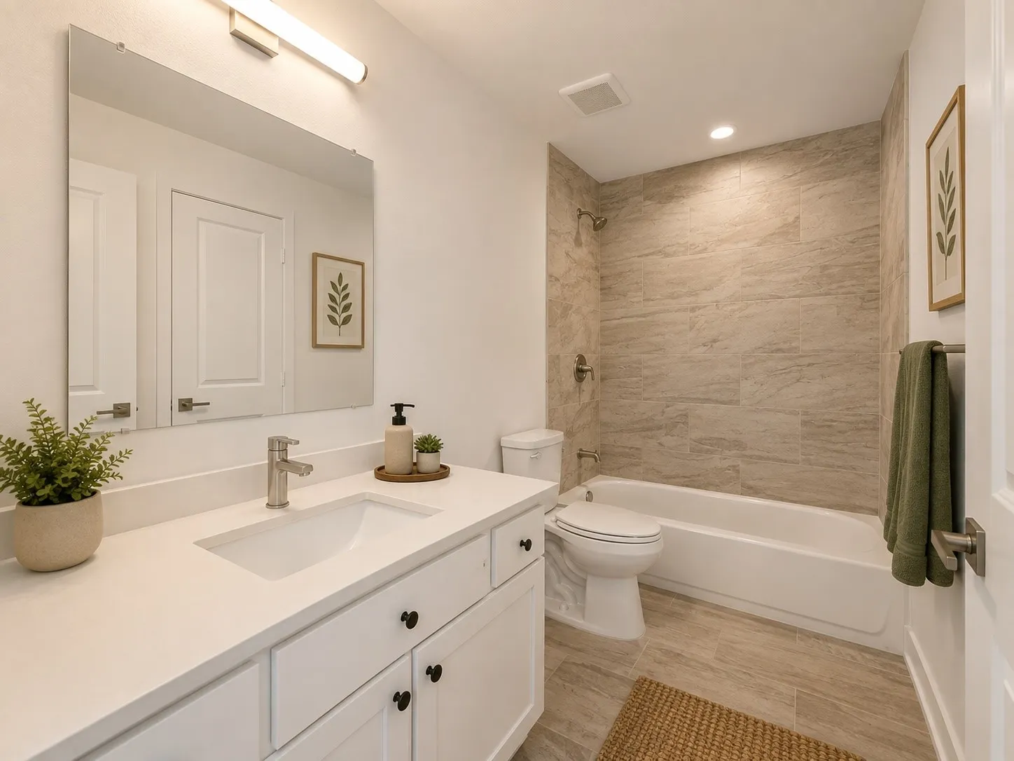 White shaker cabinetry with black hardware, integrated sink, and a light-toned countertop