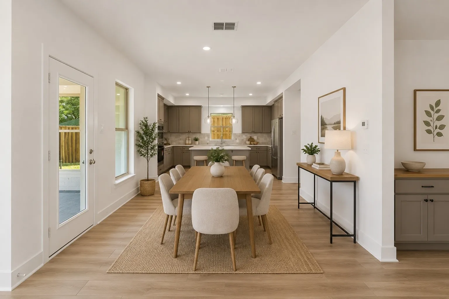 Open concept dining area with wood-finish flooring