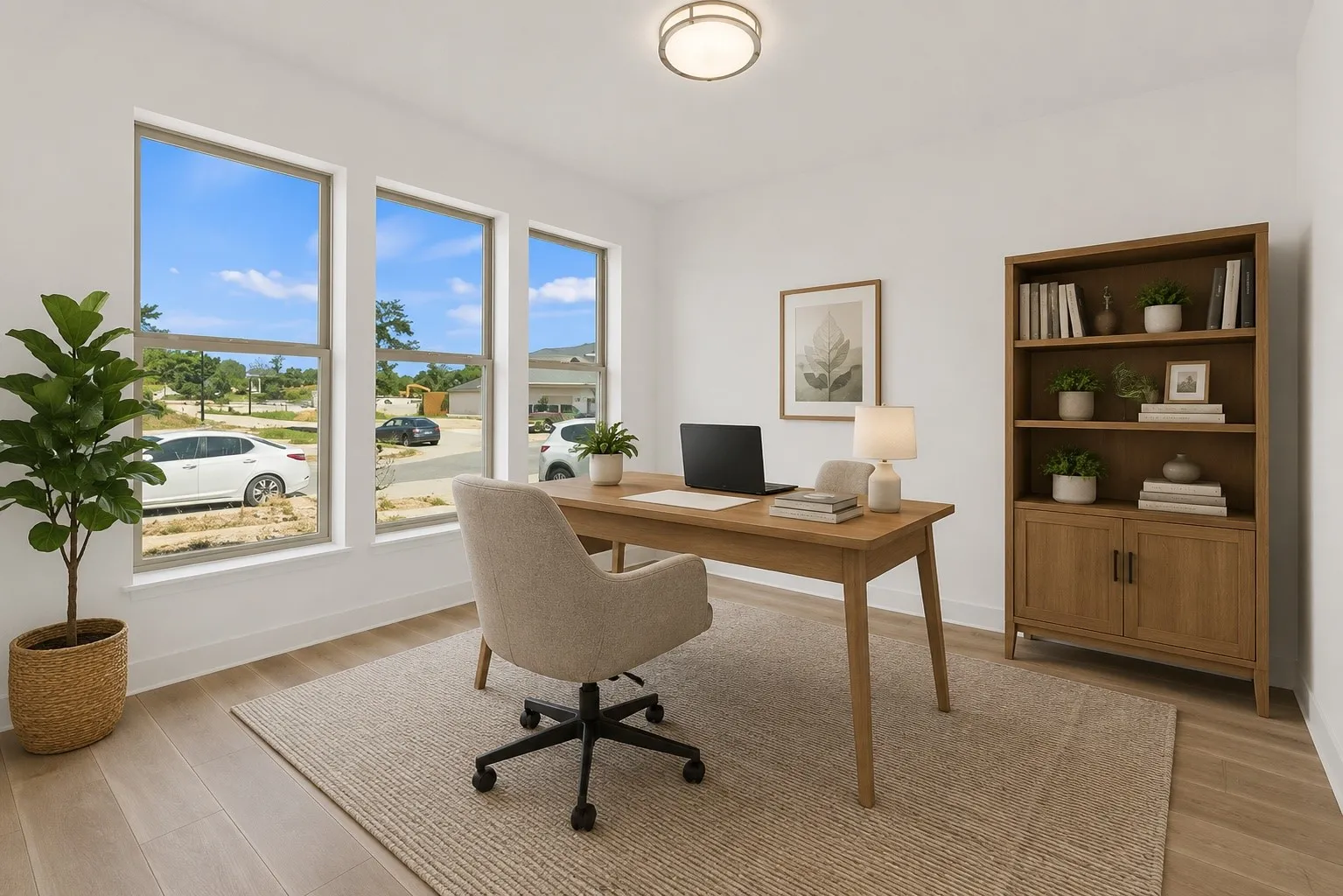 Light wood-finish flooring, three large windows, recessed lighting, and a built-in wood-finish bookcase