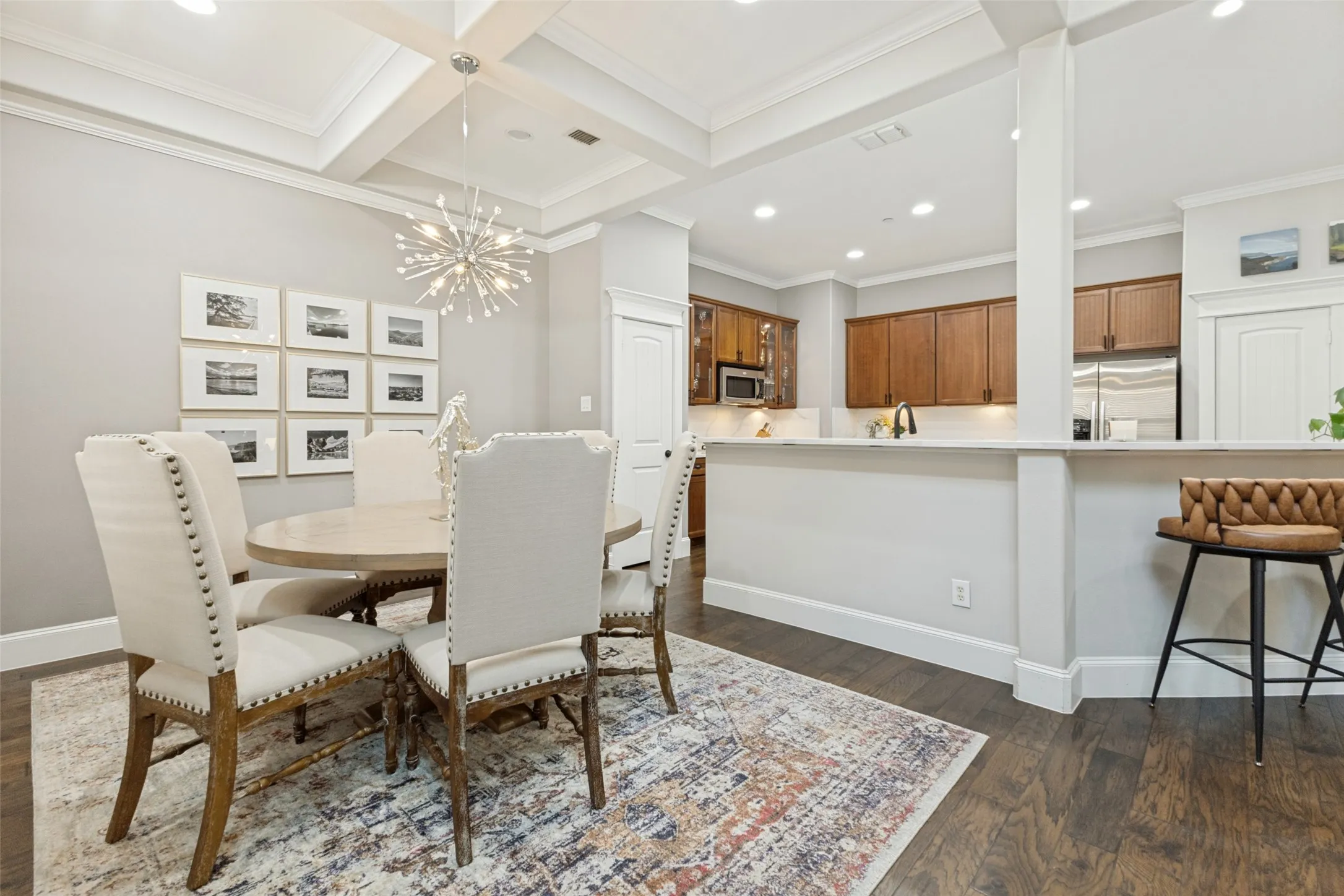 Dining Room with Stunning Ceiling Detail open to kitchen