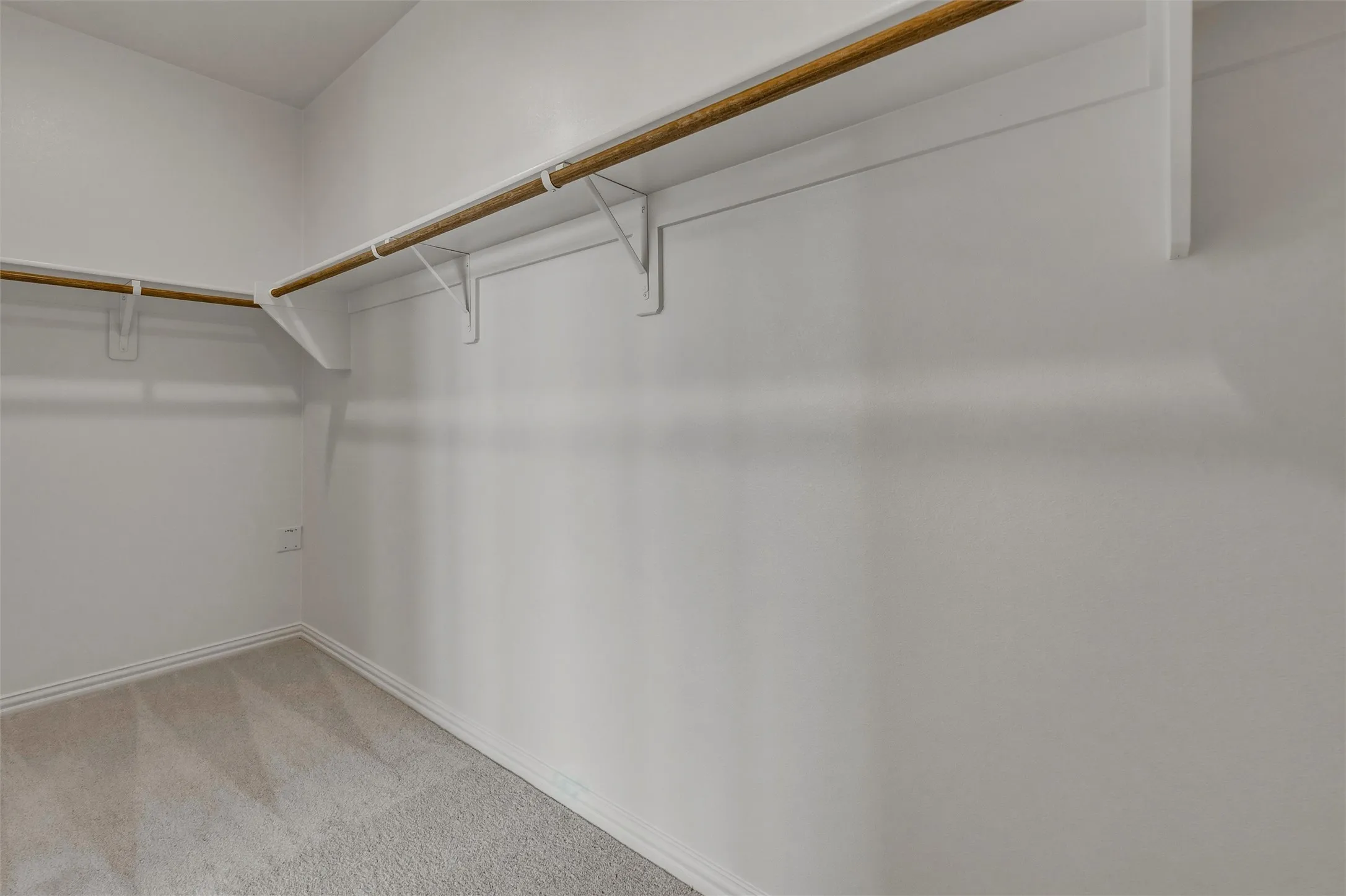 Neutral-toned carpeting, white walls, and built-in shelving with hanging rods
