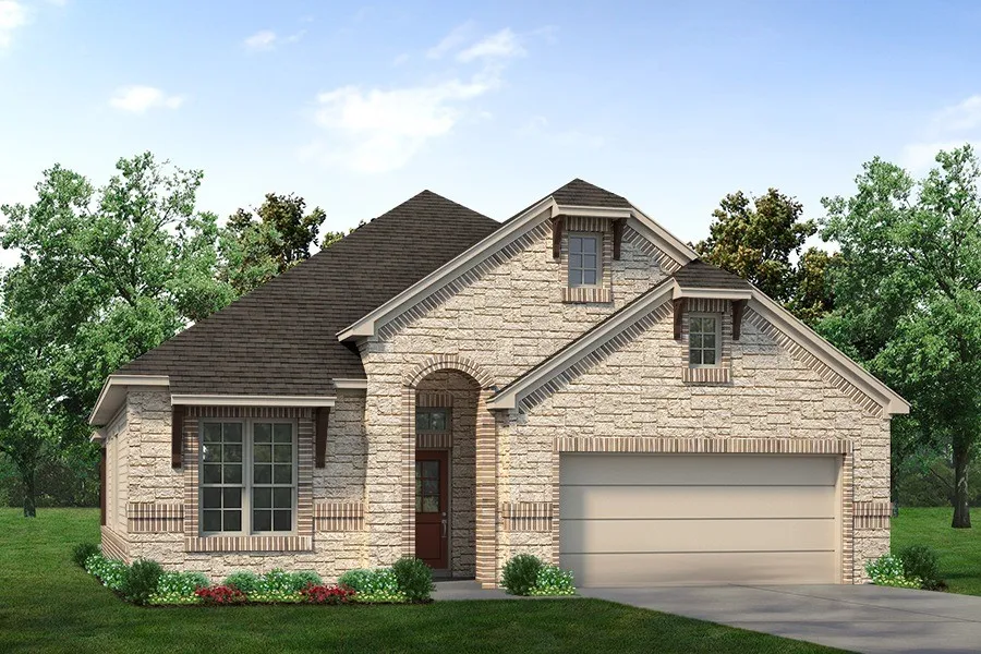 Stone and brick exterior with a dark shingle roof, arched entryway, dormer windows, and an attached two-car garage