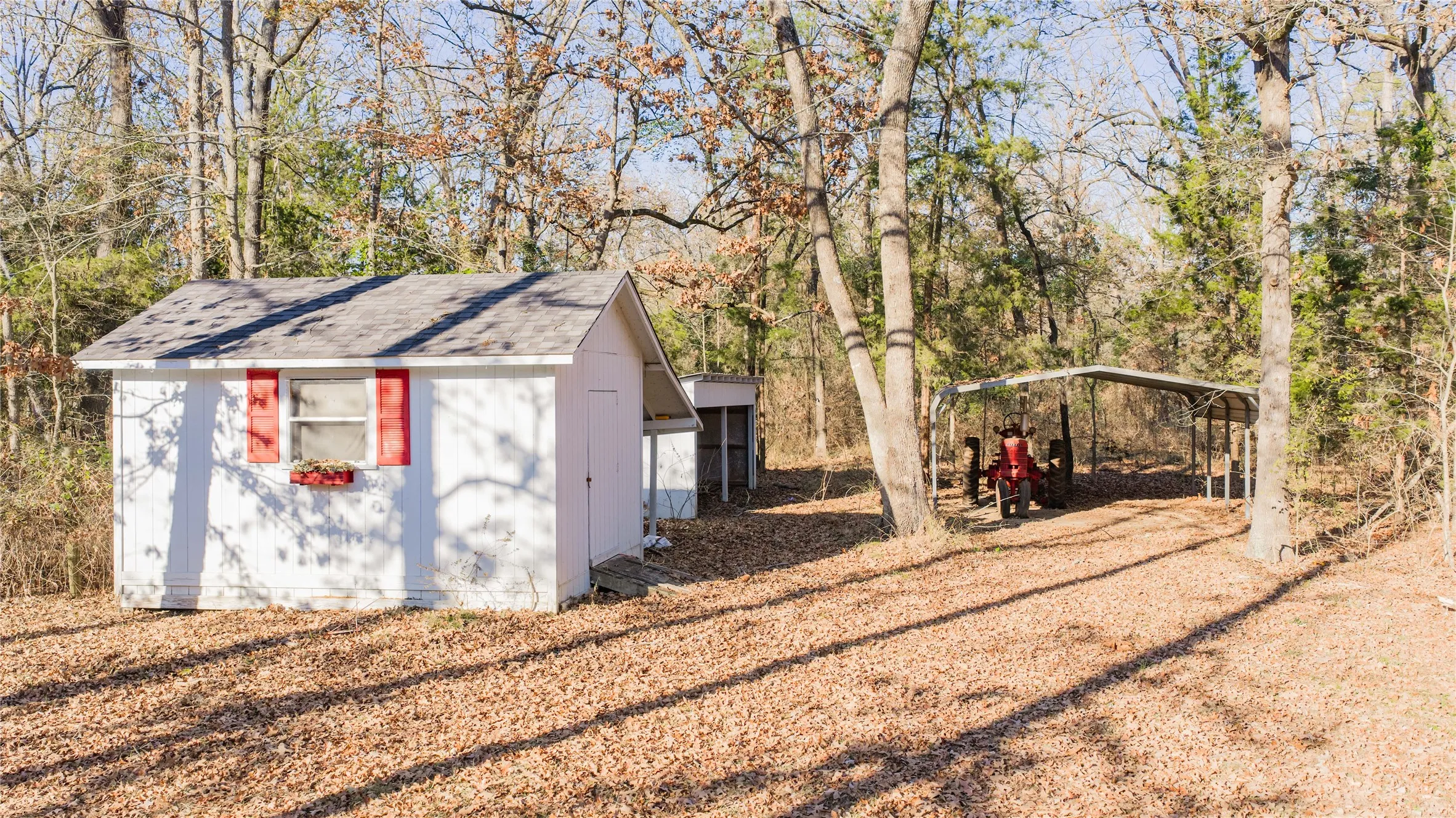 Detached shed with white siding, a gray shingle roof, and red louvered window shutters