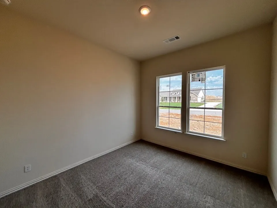 Dual windows, neutral wall paint, dark carpet flooring, and a flush-mount ceiling light