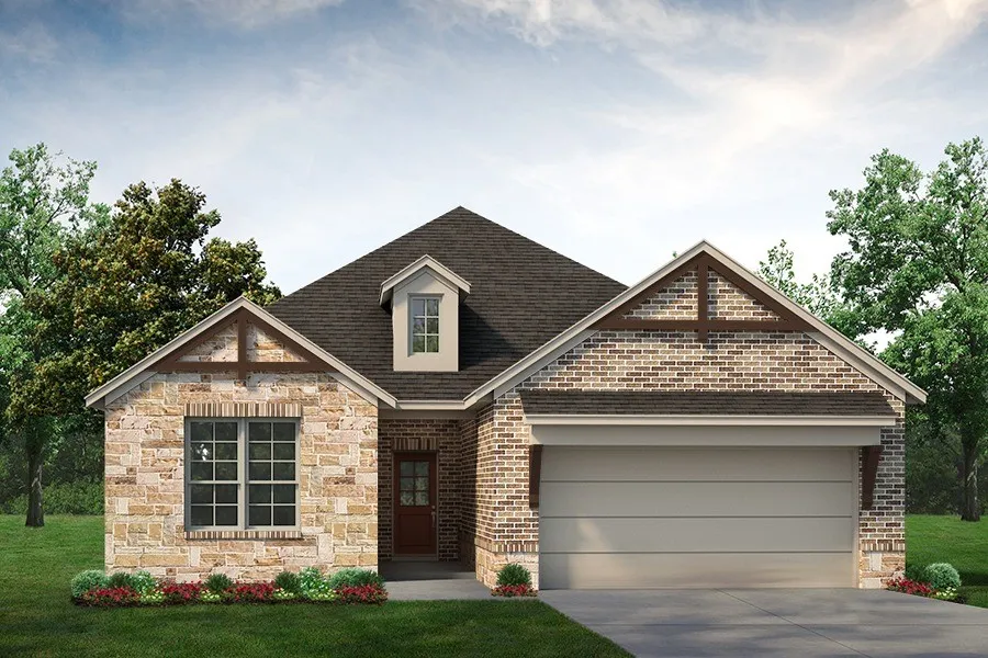 Stone and brick facade, gabled roof with decorative wood accents, front-facing dormer, paved driveway, and established landscaping