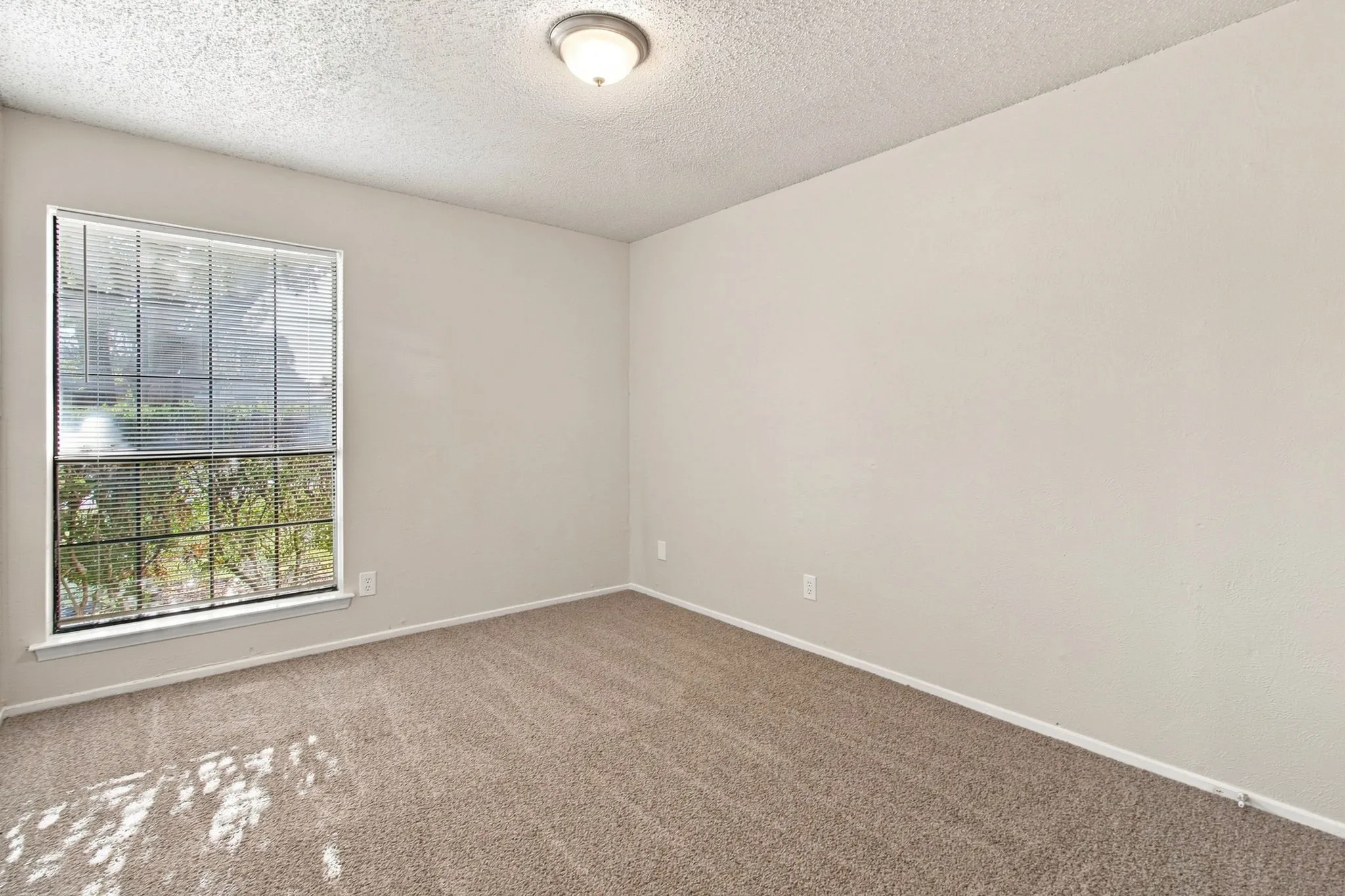 Neutral wall finishes with a single window and ceiling-mounted light fixture