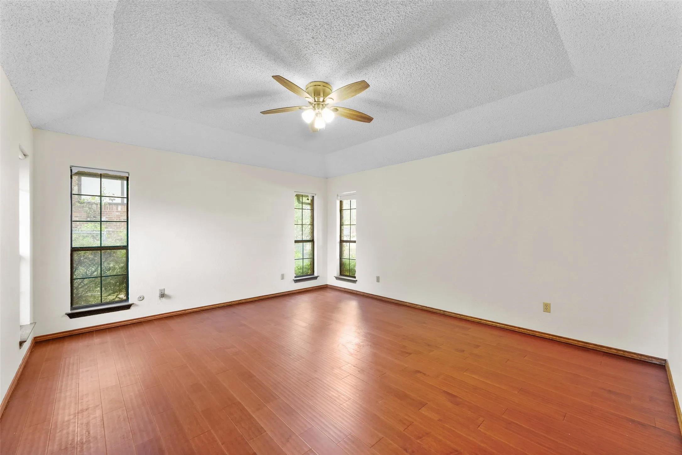 Tray ceiling with a ceiling fan light fixture, wood-finish flooring, and multiple windows