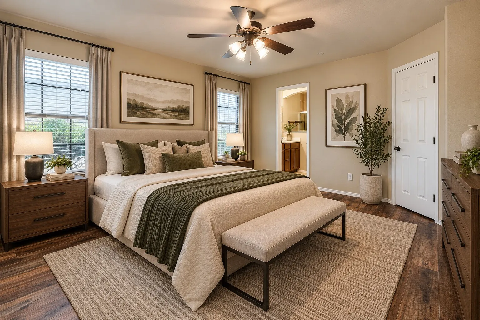 Spacious room featuring wood-finish flooring, two windows with blinds, an attached ceiling fan with lighting, and a paneled door