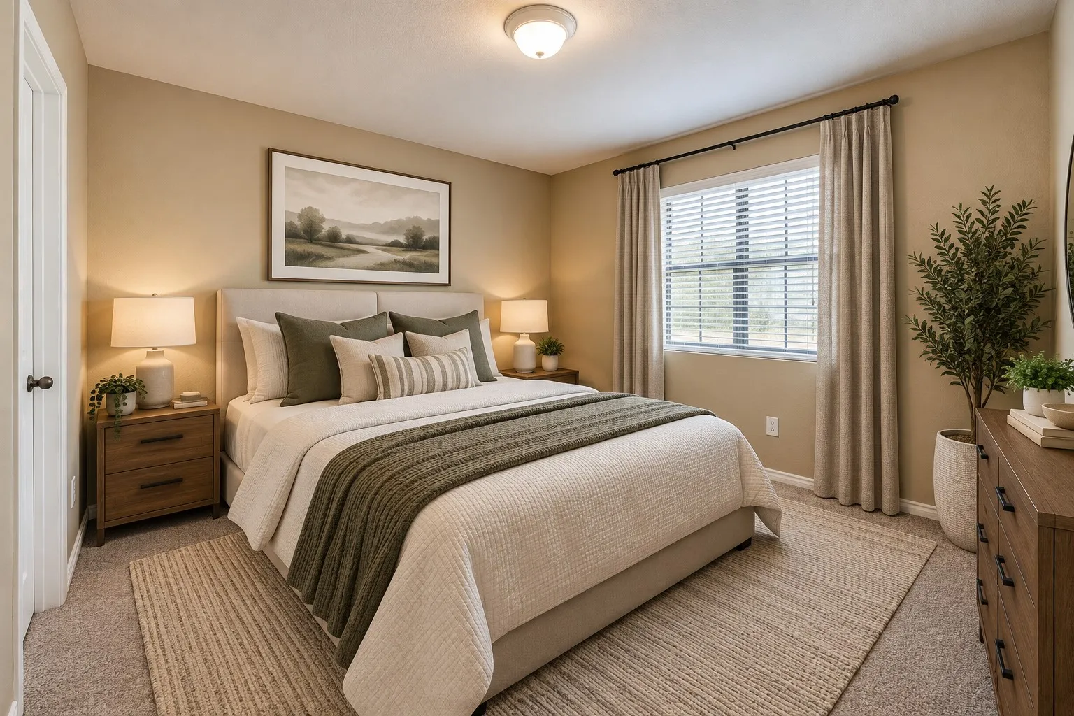 Warm neutral wall color, plush carpet flooring, window with blinds, recessed lighting, and a paneled door
