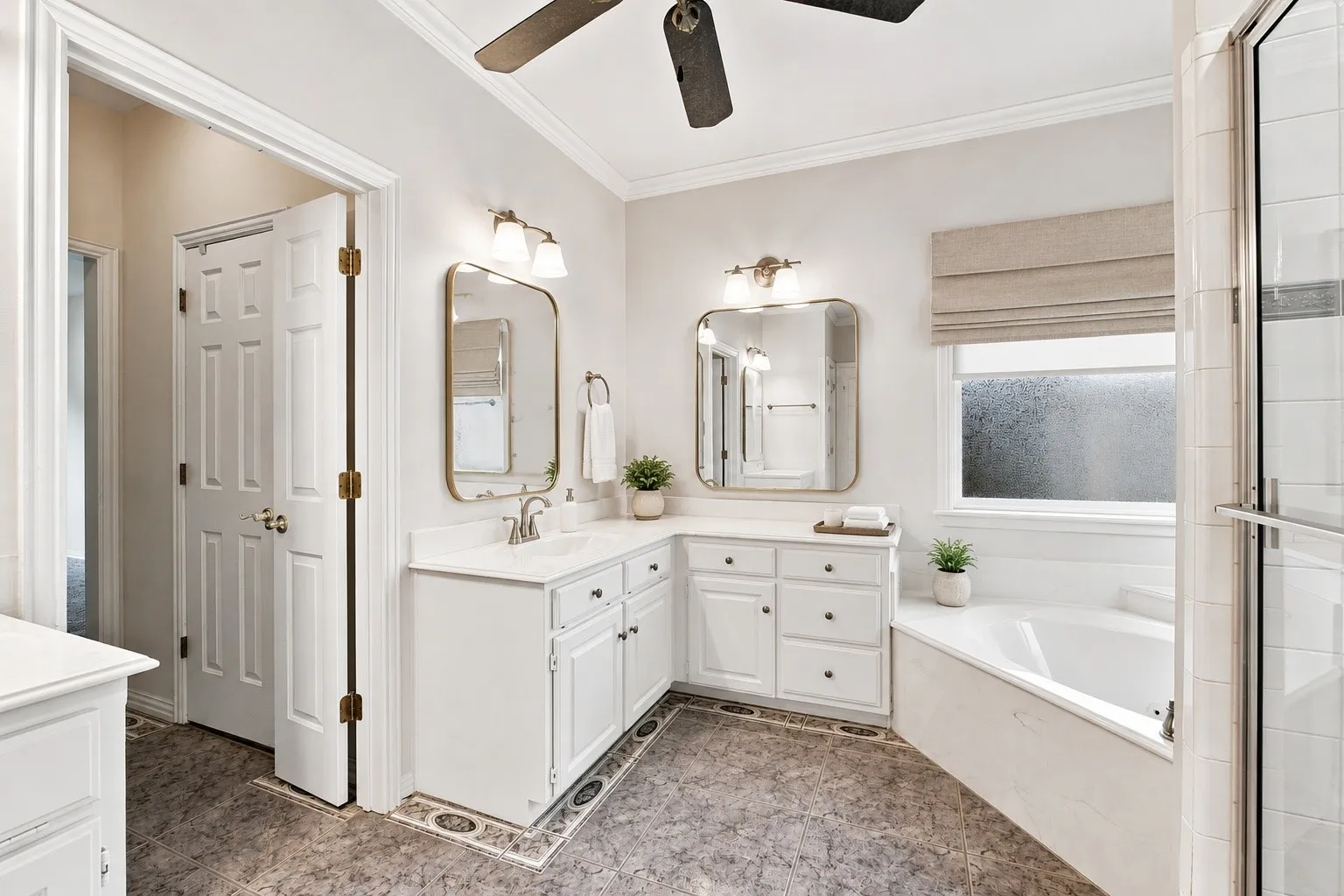 Virtually staged with new mirrors, lights & shades