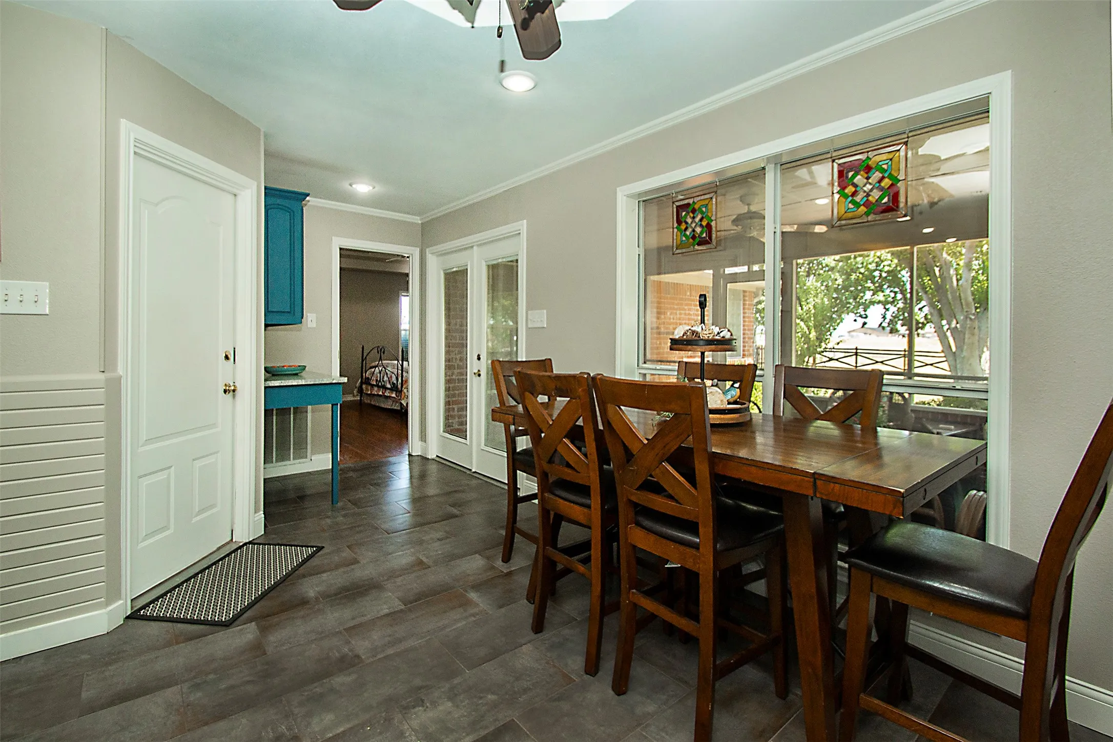 Dining area with built in counter and hutch