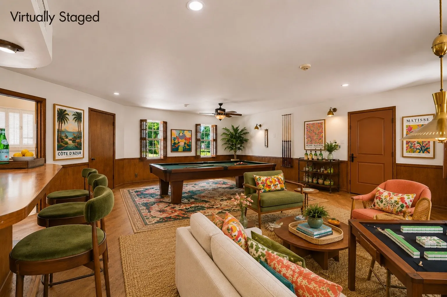 Virtually Staged Family Room complete with fabulous vintage brass pendant light, wet bar and full bath