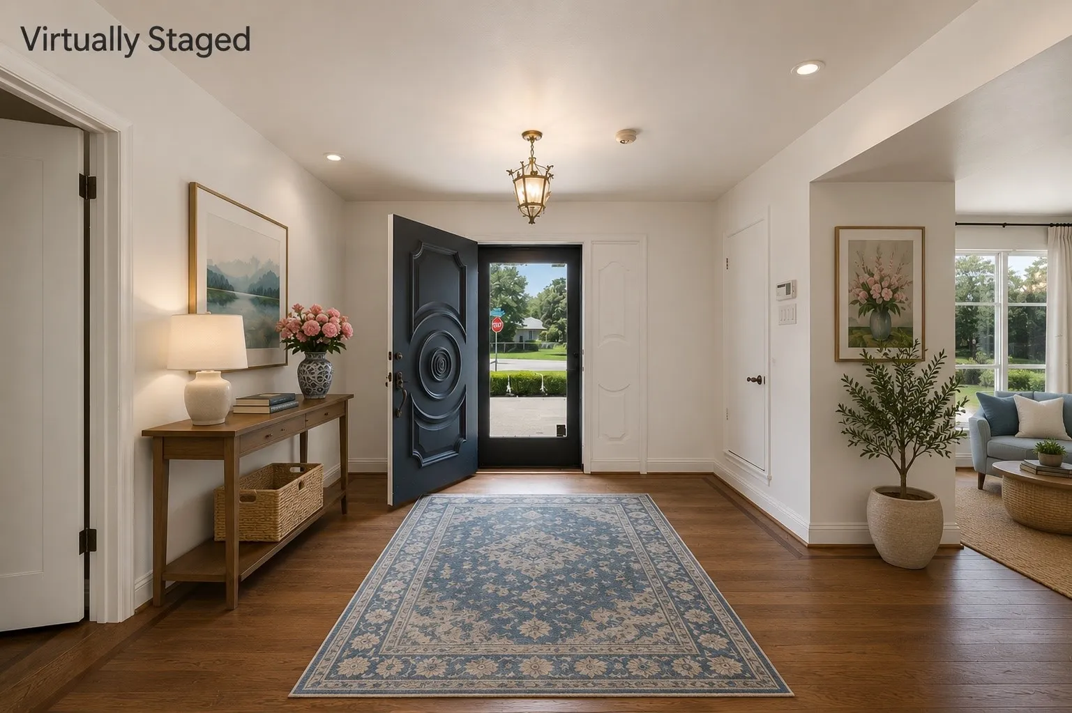 Virtually Staged Entry - the vintage solid wood front door and glass and wood storm door are gorgeous