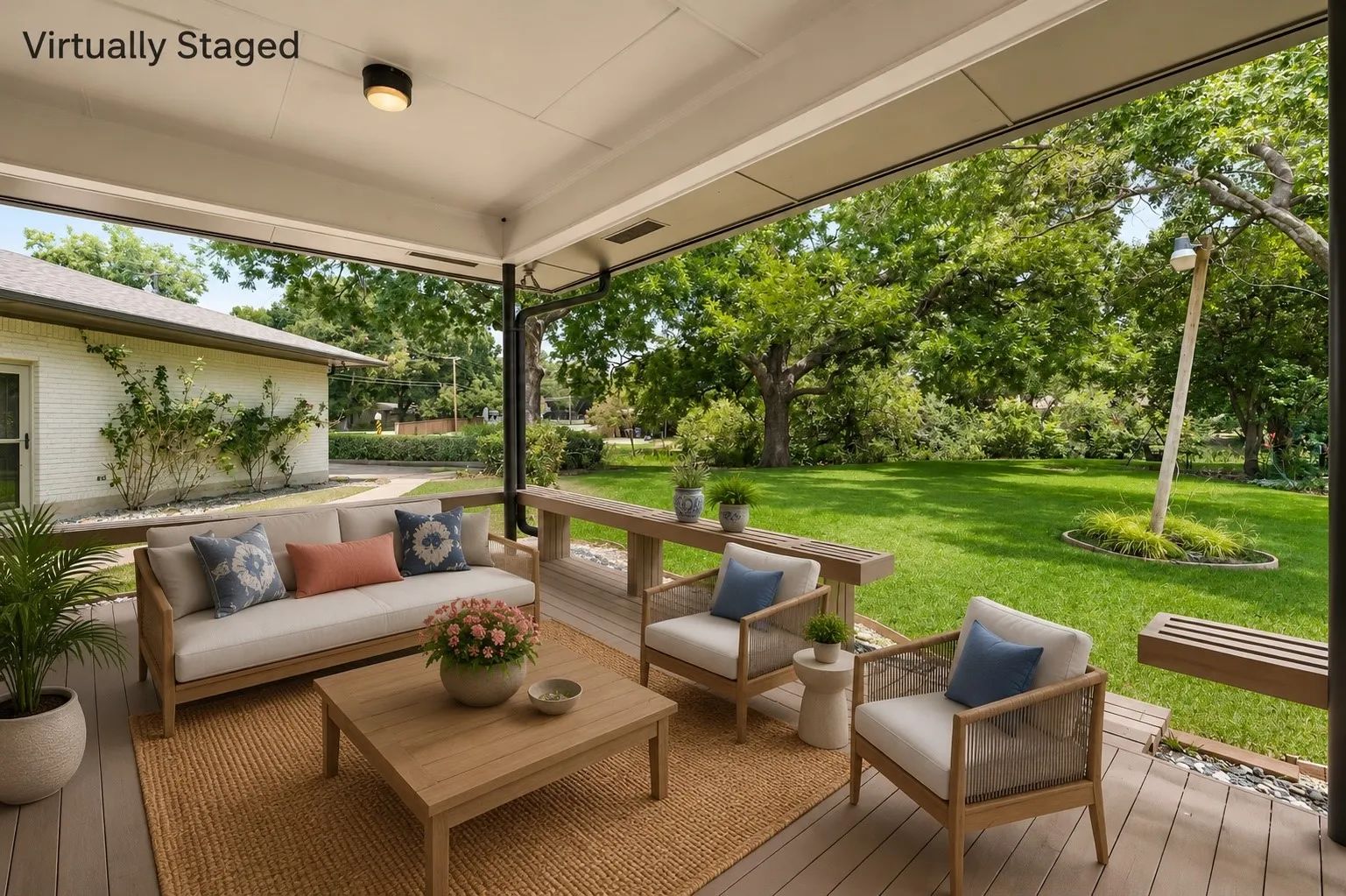 Virtually Staged deck overlooks lush green backyard with a creek on the border