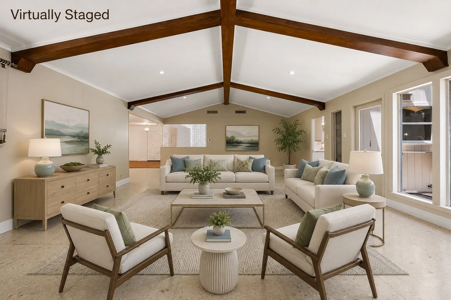 Virtually Staged Formal Living Room - beautiful wood beams and timeless original terrazzo flooring