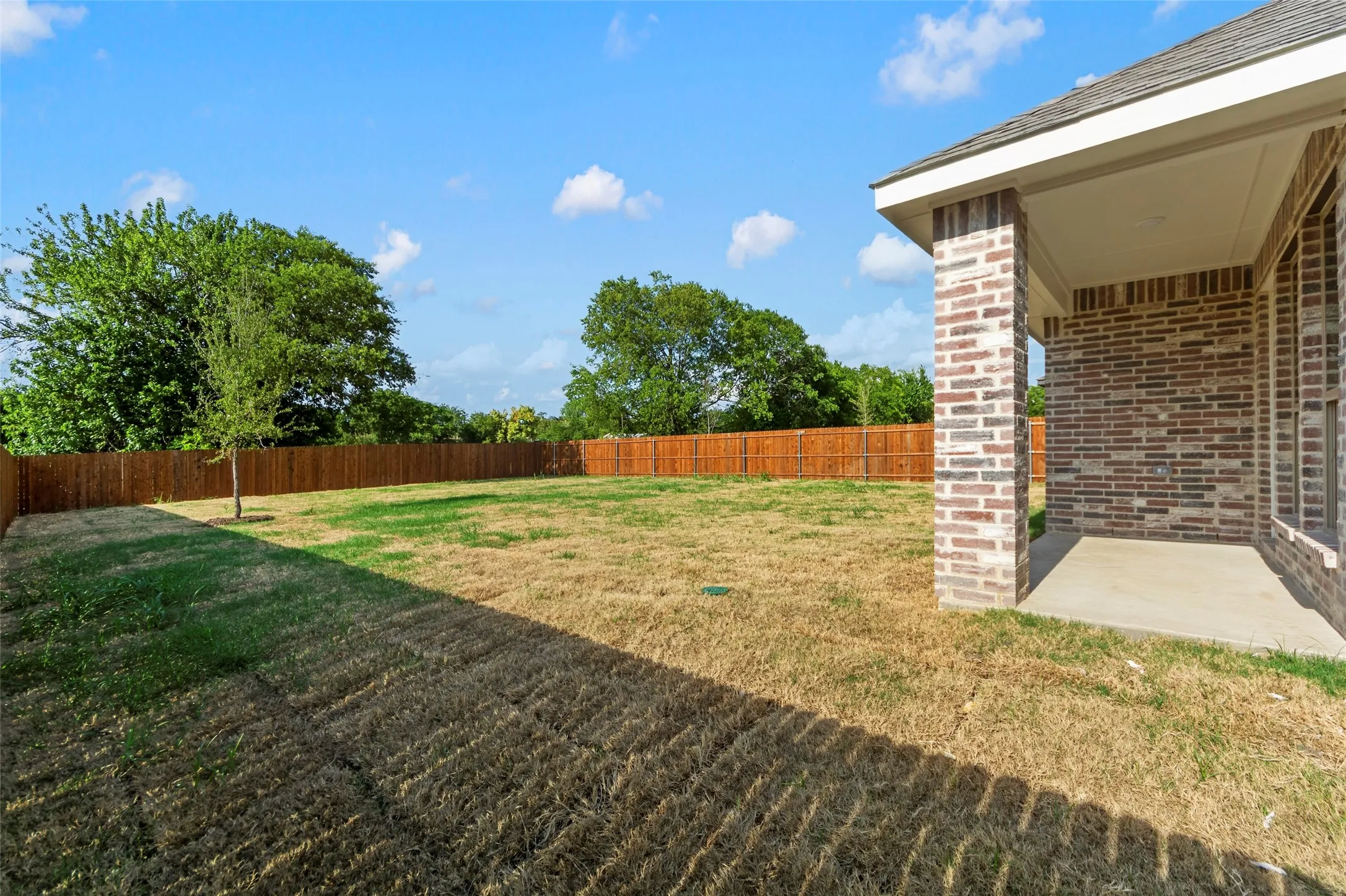 Expansive backyard with a wood privacy fence, featuring a mature tree and a covered concrete patio