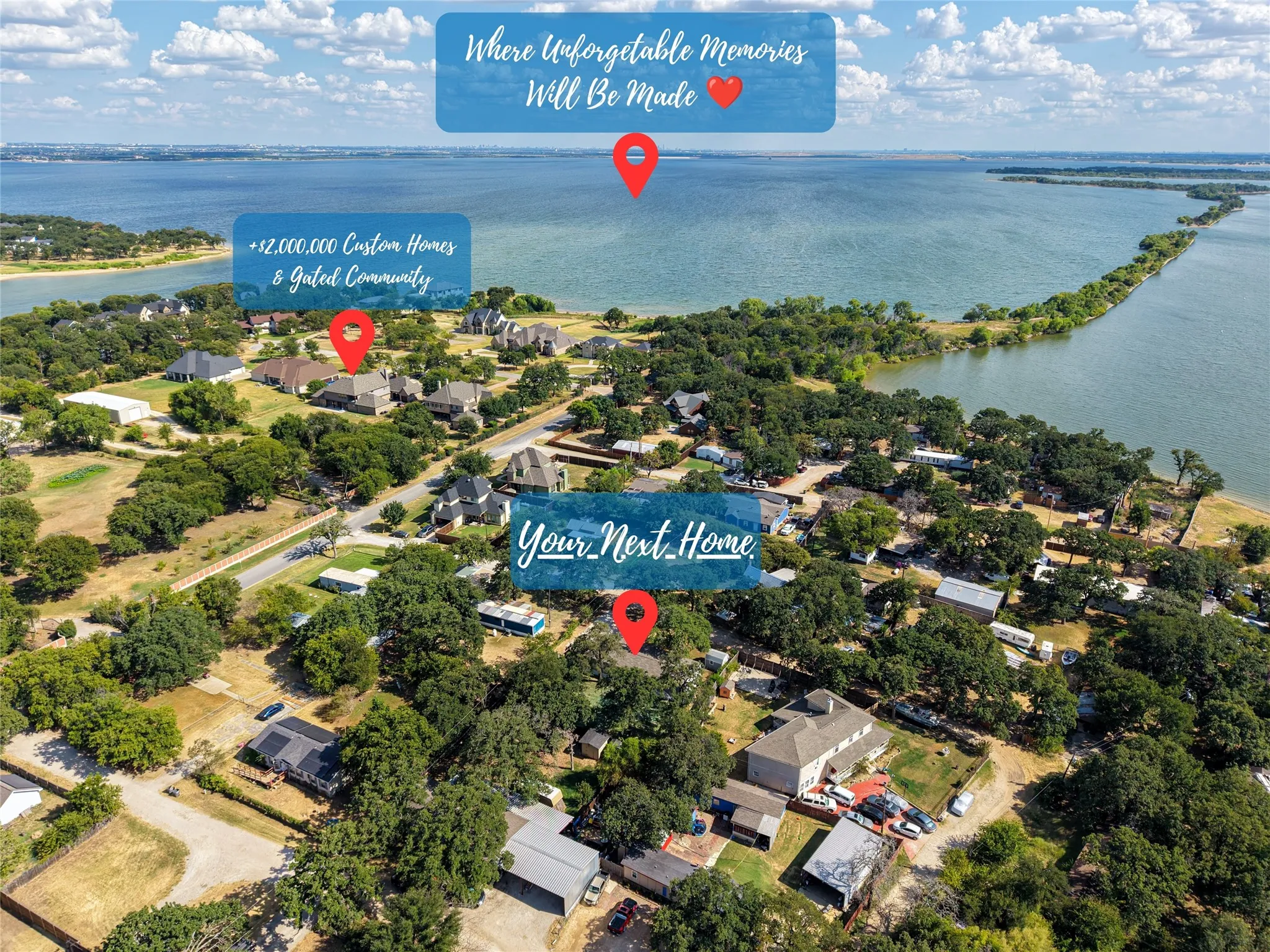 Expansive waterfront setting featuring a large body of water, lush green trees, and multiple residential structures