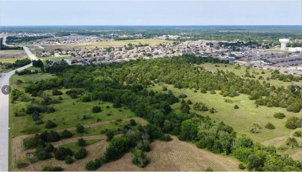 Expansive land parcel featuring a mix of mature trees, open grassy areas, and a paved road bordering the property