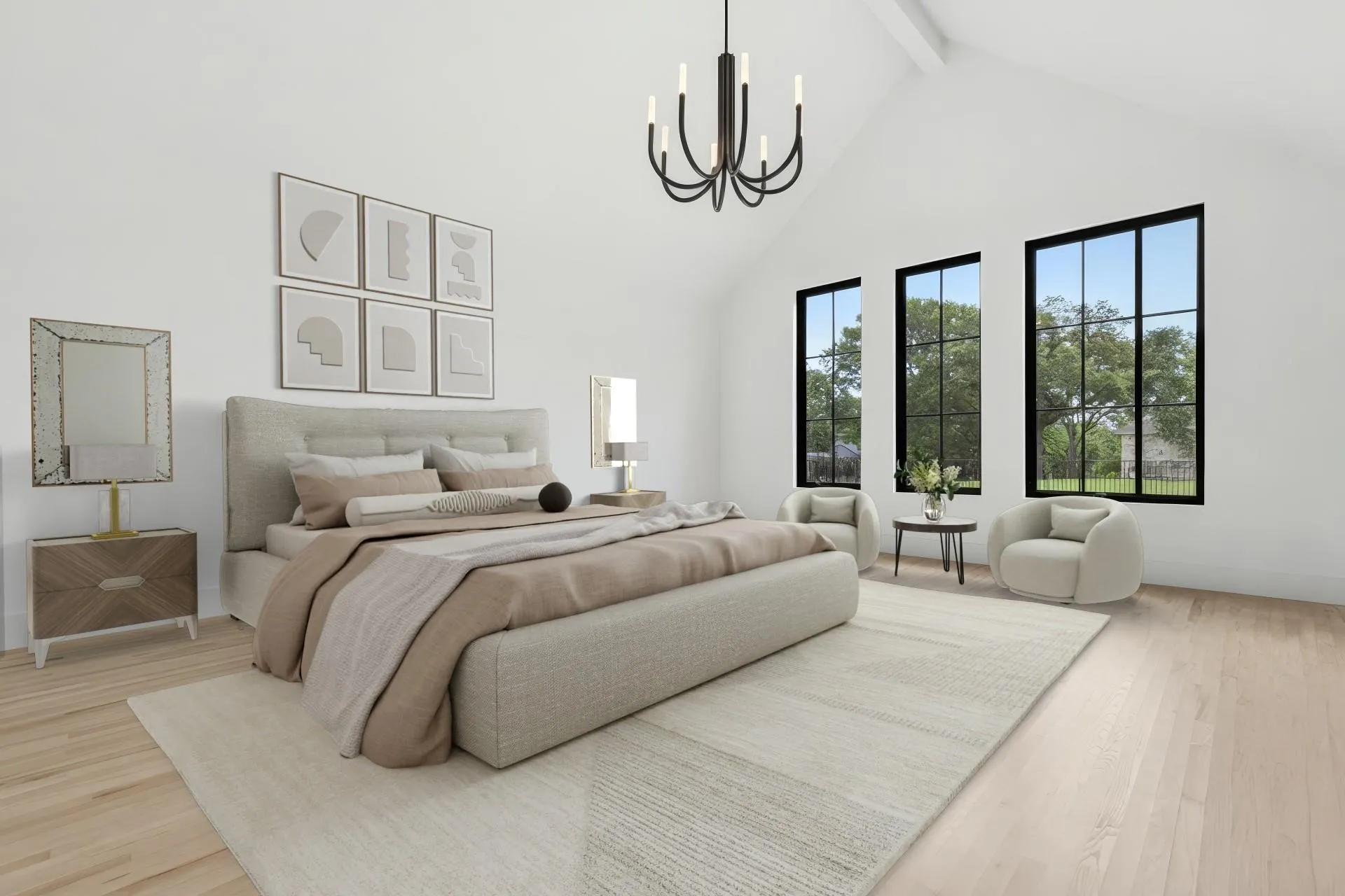The spacious primary suite features soaring vaulted ceilings and expansive new, custom, energy efficient Andersen windows overlooking the backyard.