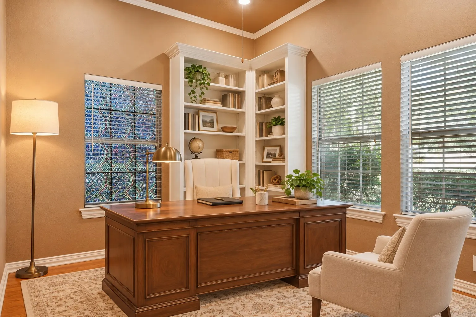 Built-in corner shelving, multiple windows with blinds, crown molding, and wood-finish flooring