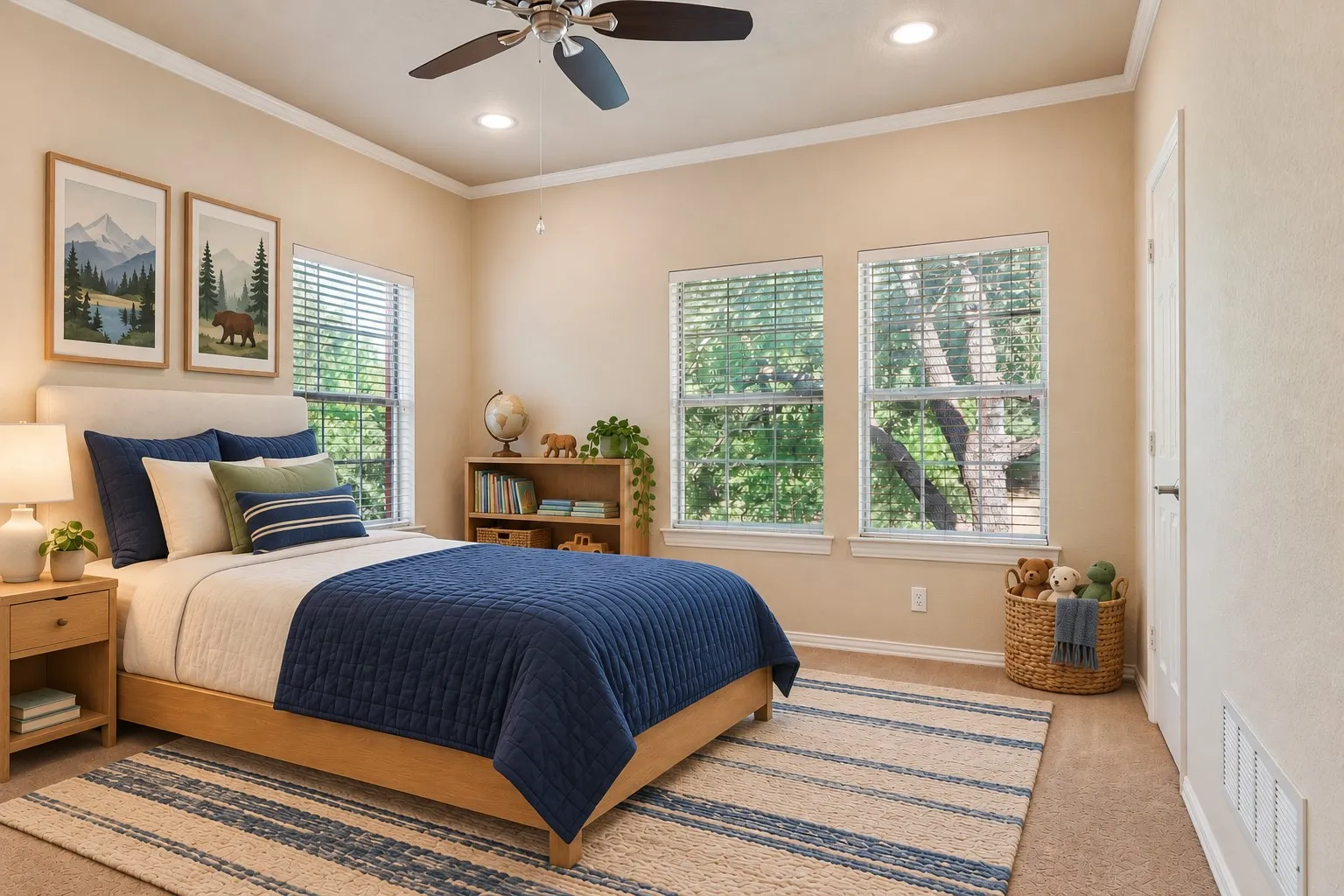 Tray ceiling with recessed lighting, ceiling fan with light fixture, multiple windows with blinds, built-in shelving unit, and warm-toned wall finish