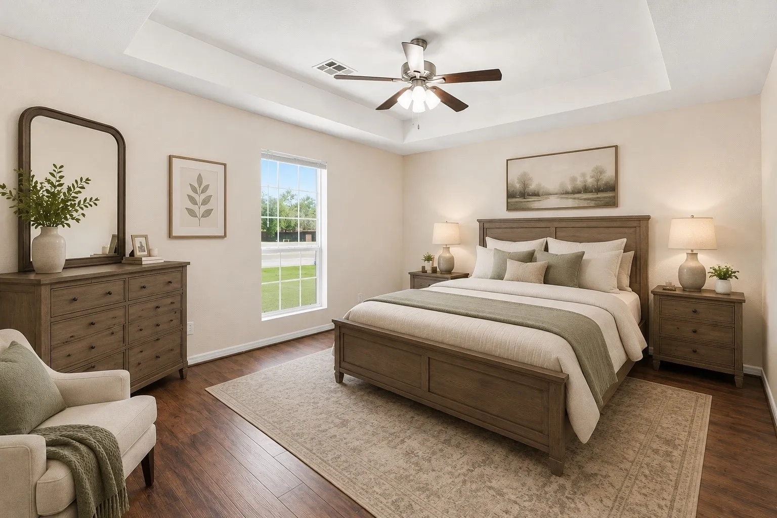Virtual rendering. Tray ceiling with a ceiling fan, wood-finish flooring, and a large window