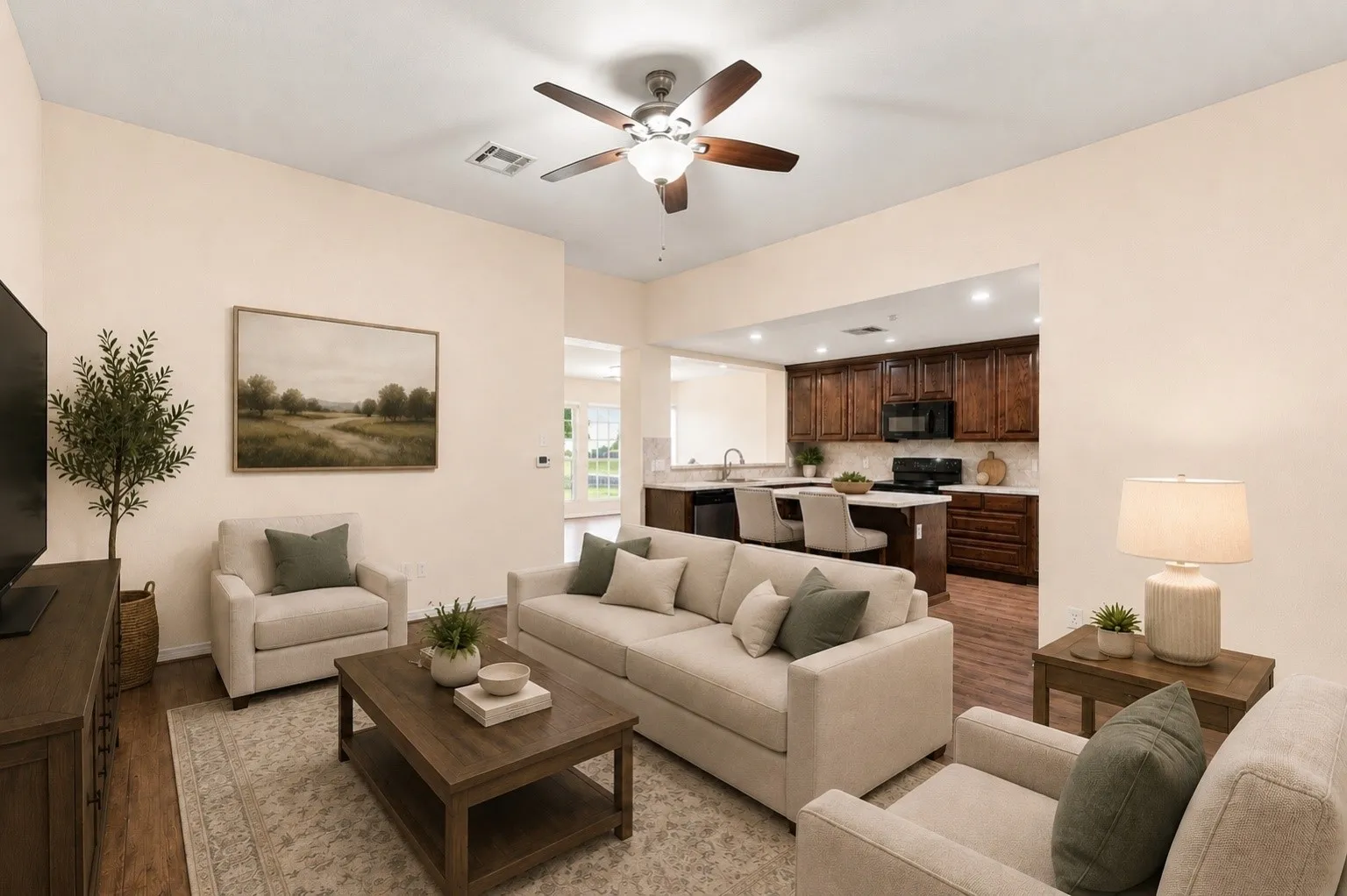 Virtual rendering. Open-concept living area with wood-finish flooring, a ceiling fan, and recessed lighting