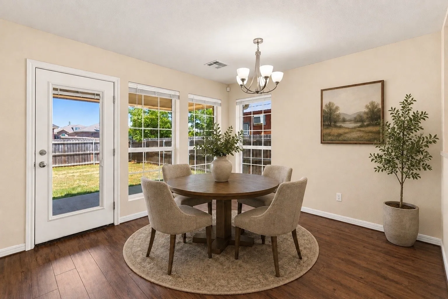 Virtual rendering. Elegant dining room featuring hardwood flooring, a round pedestal table, and upholstered chairs arranged on a neutral-toned area rug