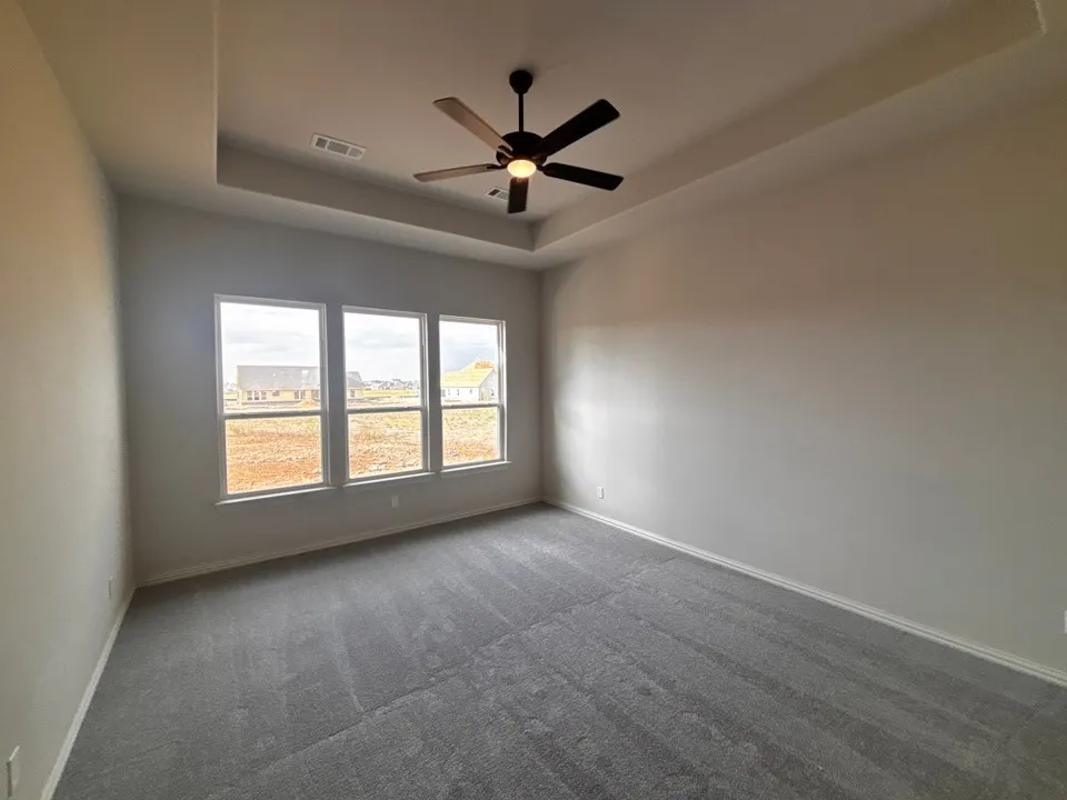 Tray ceiling with recessed lighting and a ceiling fan