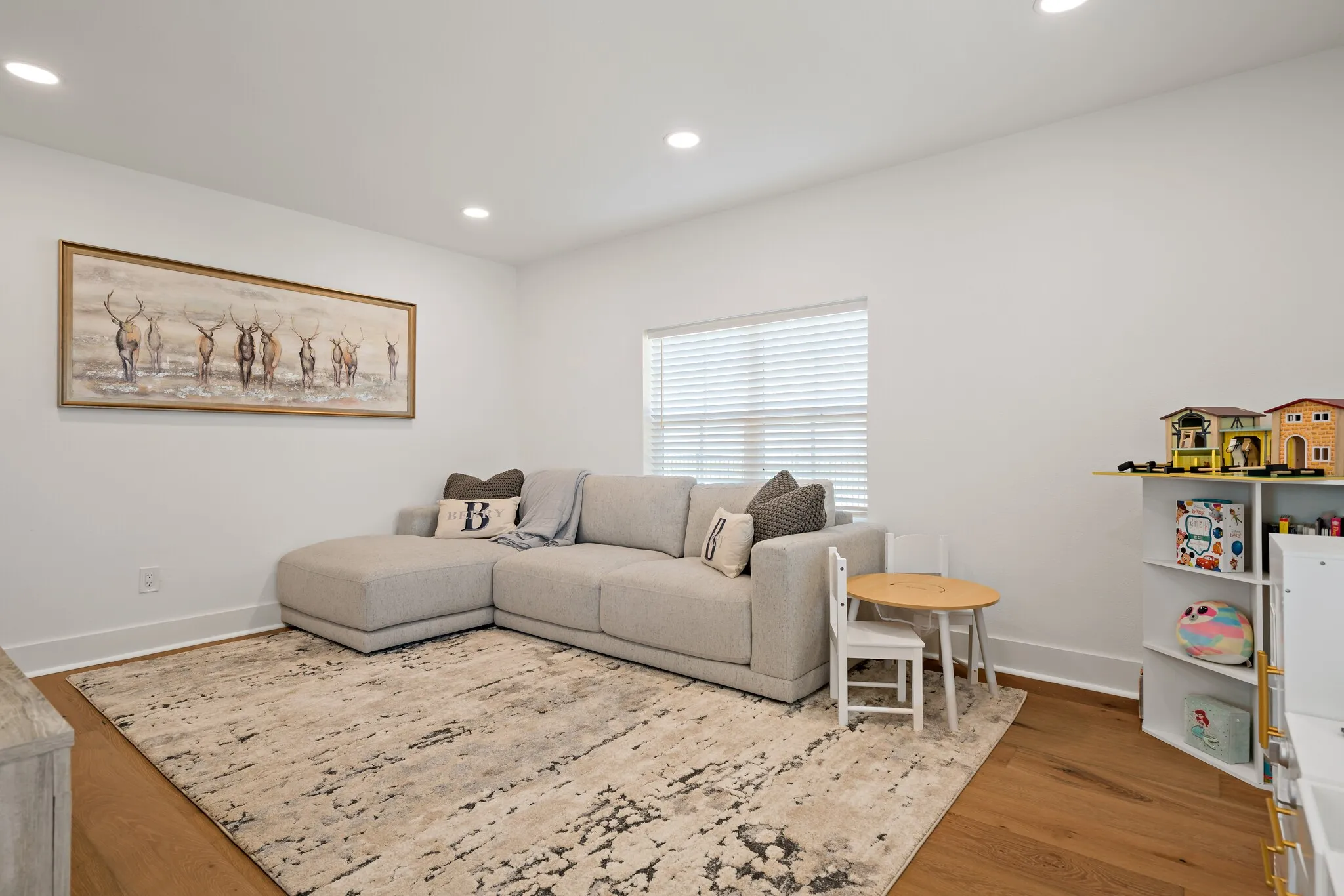 Recessed lighting, wood  flooring, white walls, and a window with blinds