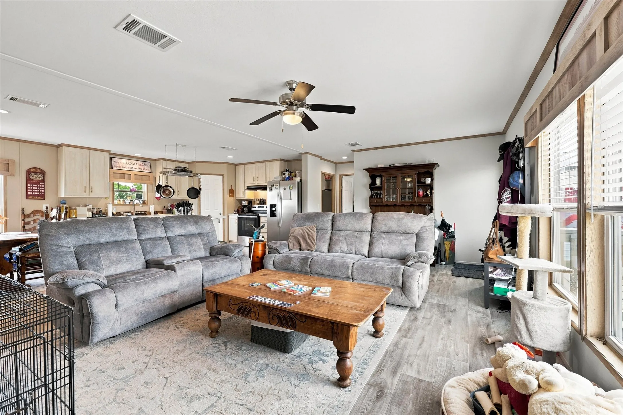 Living room is open to the dining room and kitchen