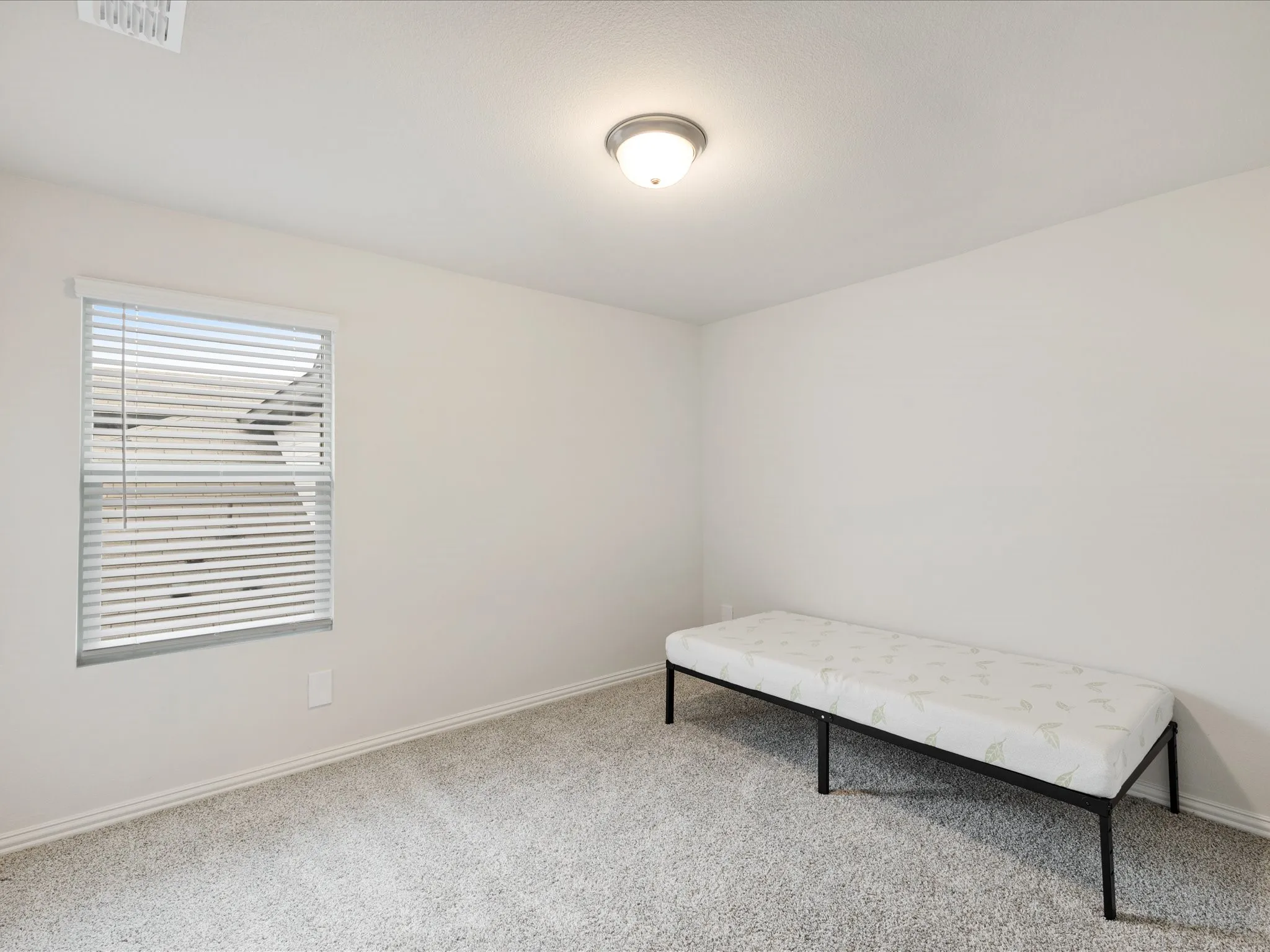 Recessed window with blinds, overhead lighting, light-toned carpeting, and neutral wall finishes
